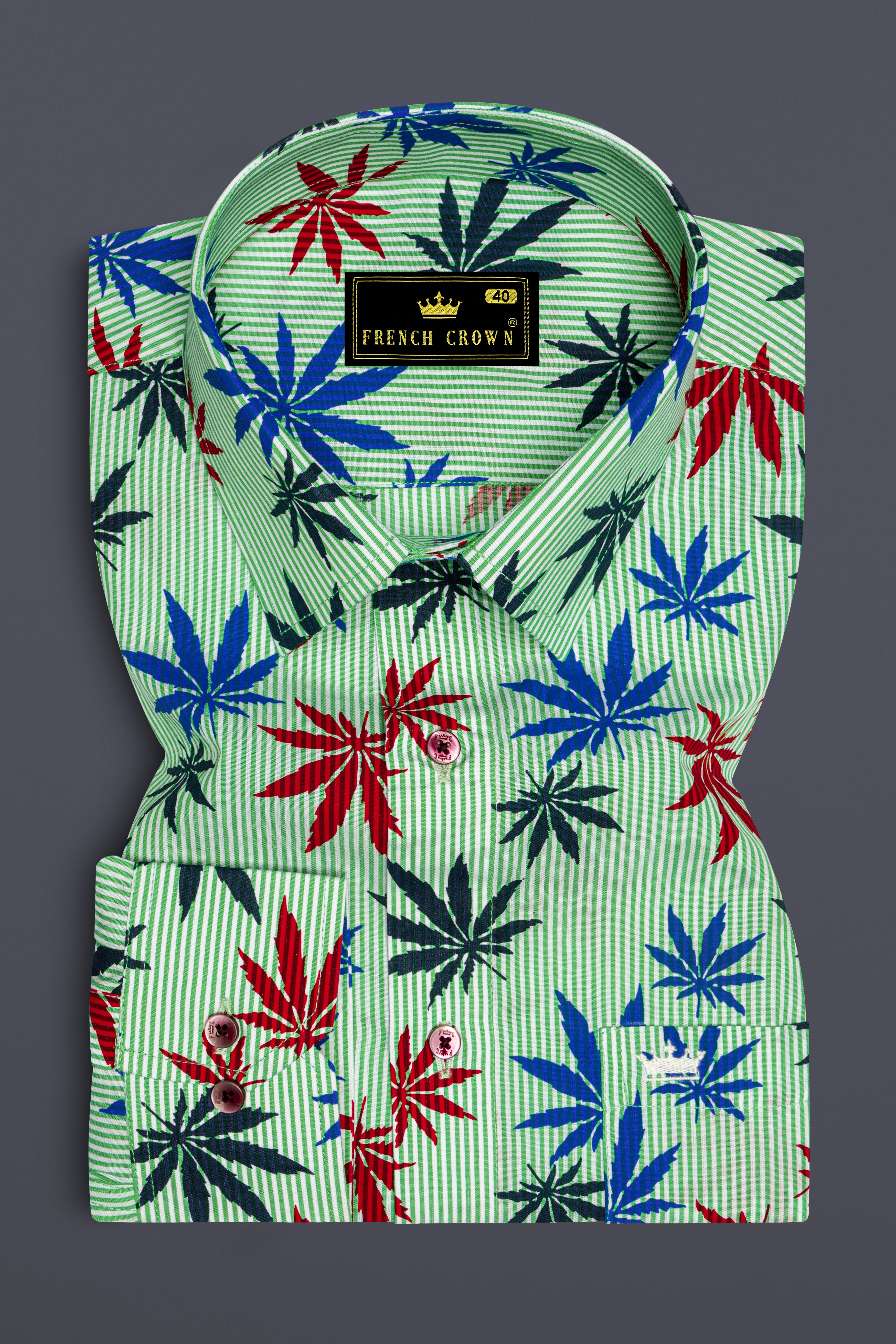 Pastel Green Pinstriped with Leaves Printed Premium Cotton Shirt