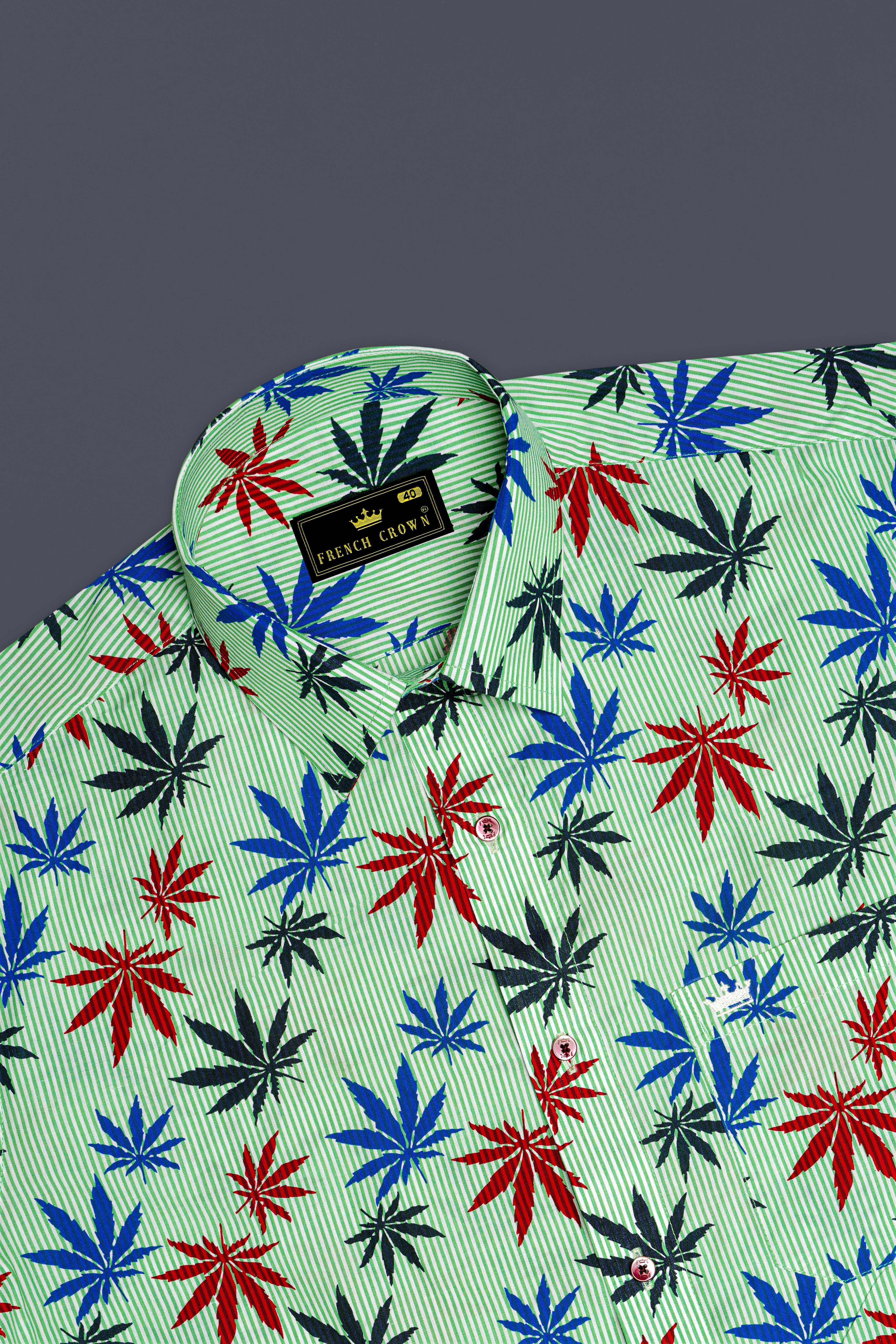 Pastel Green Pinstriped with Leaves Printed Premium Cotton Shirt