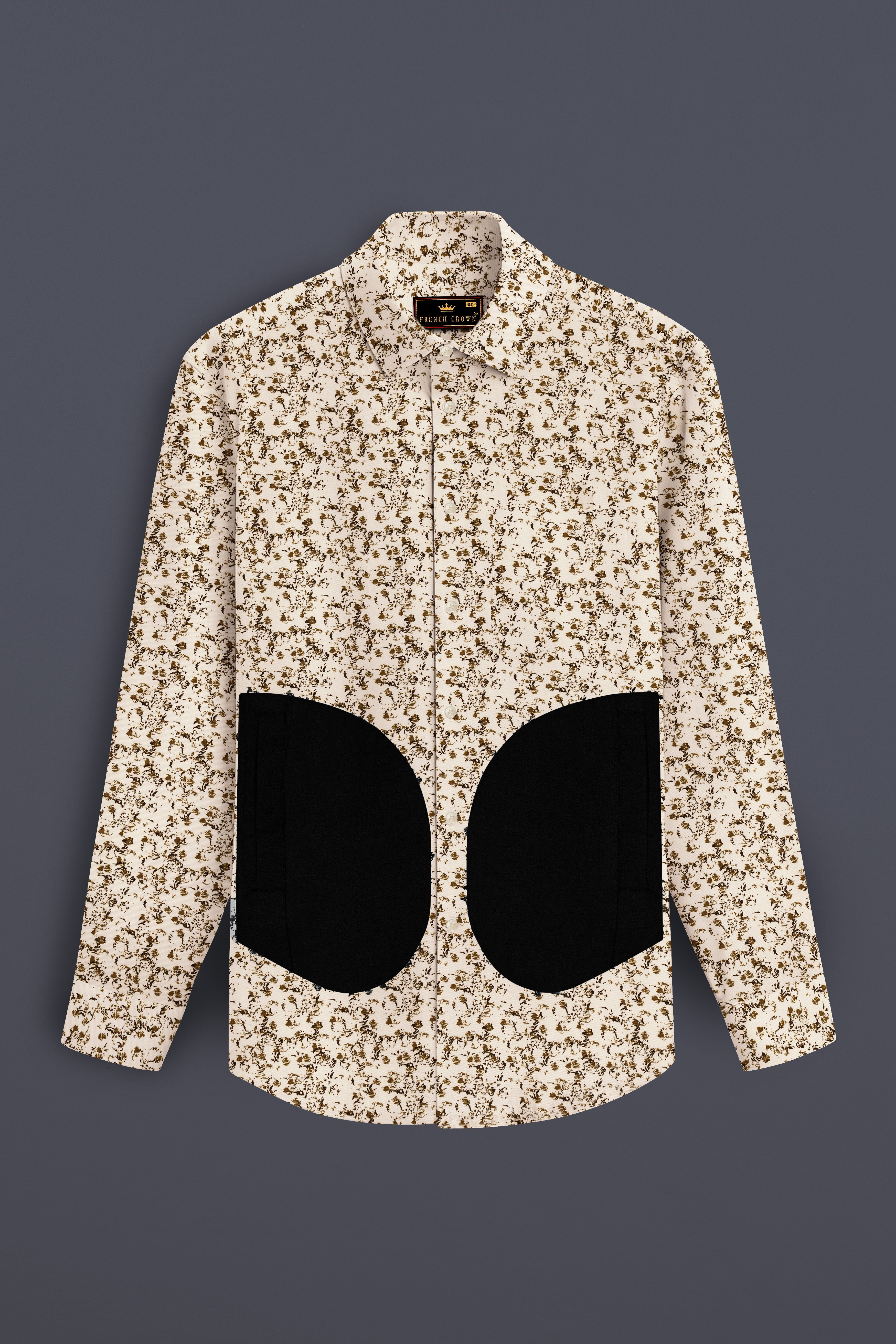 Sauvignon Cream Printed with Black Patches Twill Premium Cotton Designer Shirt