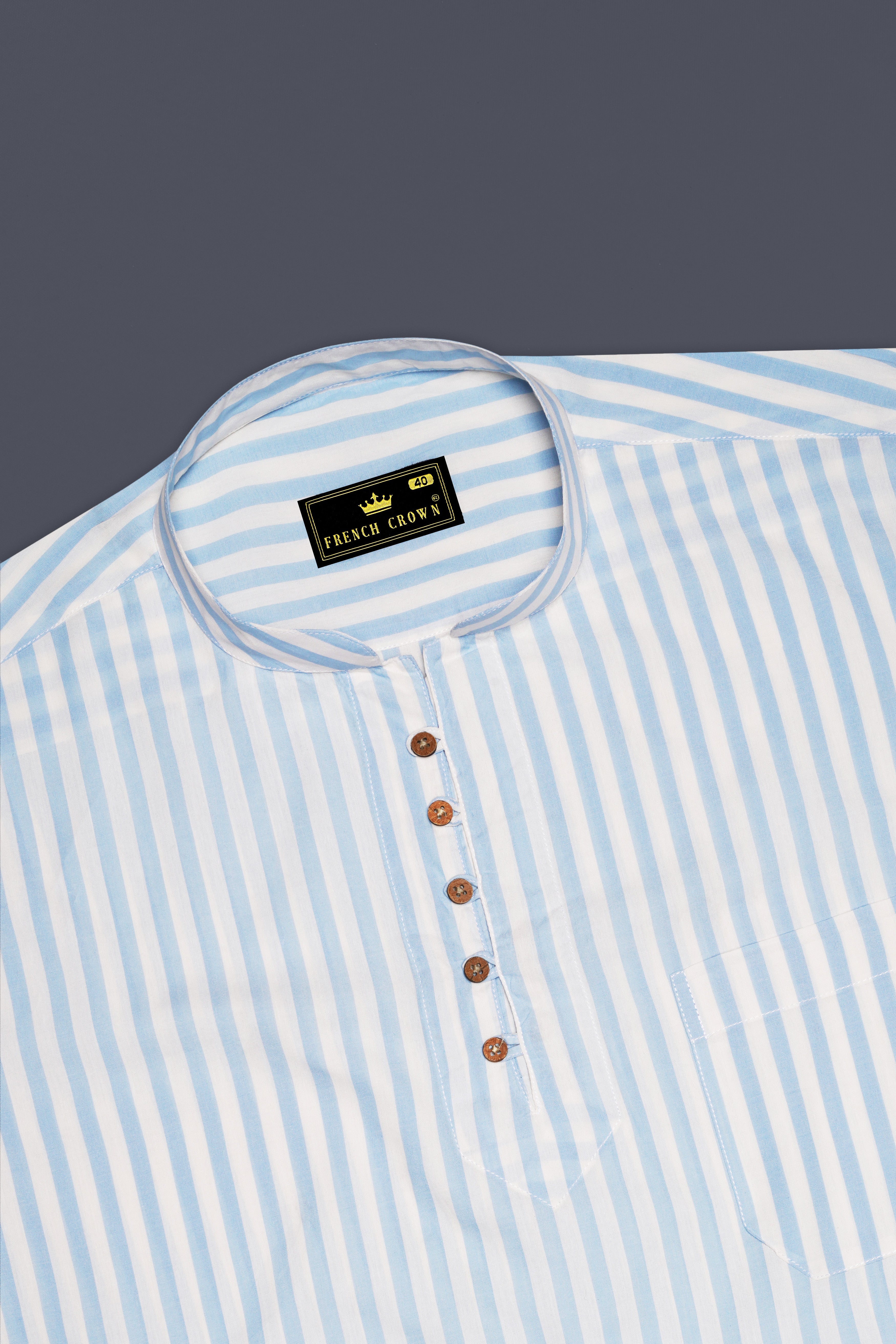Bright White and Blizzard Blue Striped Premium Cotton Kurta Shirt