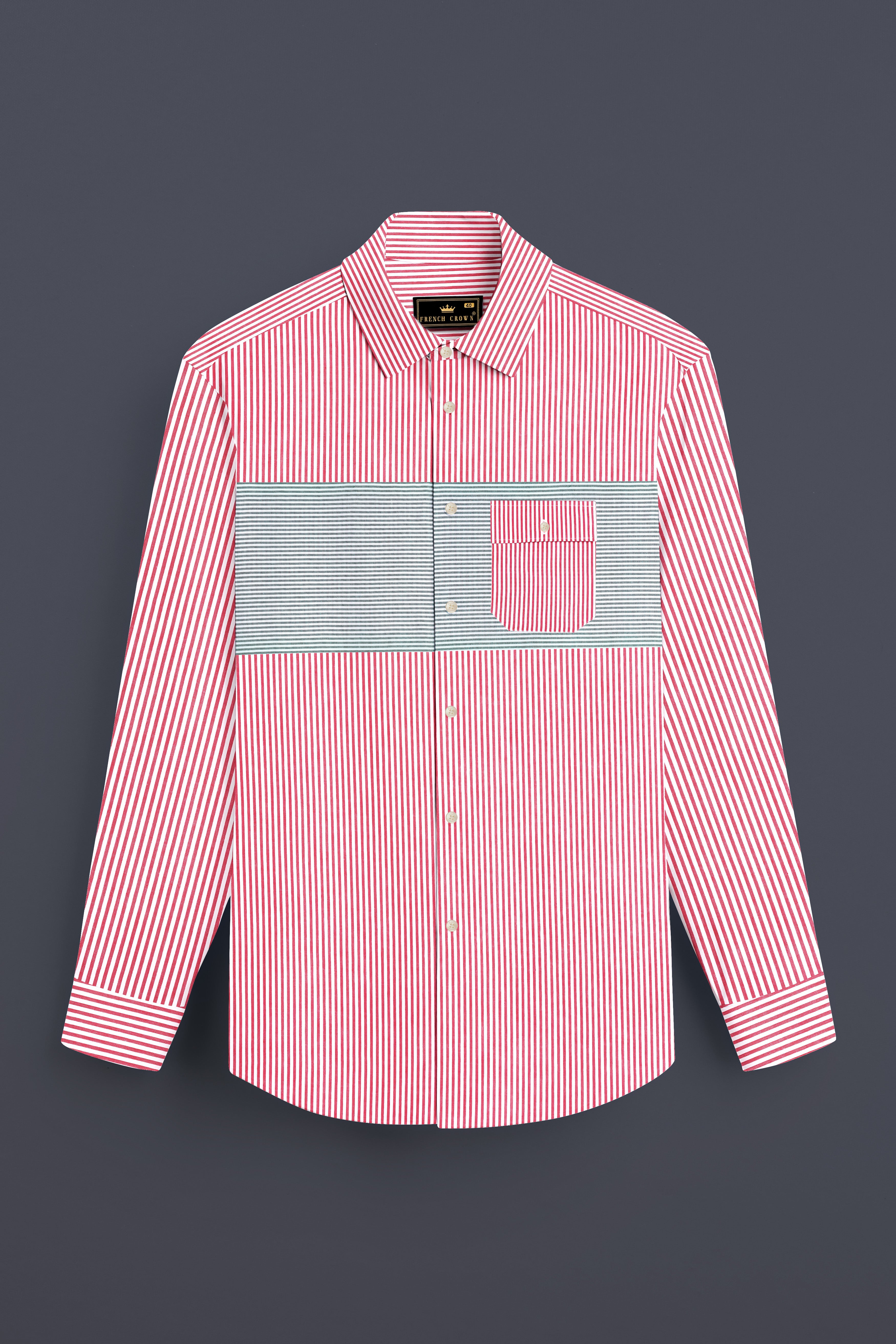 Carmine Pink with Cascade Green Striped Seersucker Giza Cotton Designer Shirt