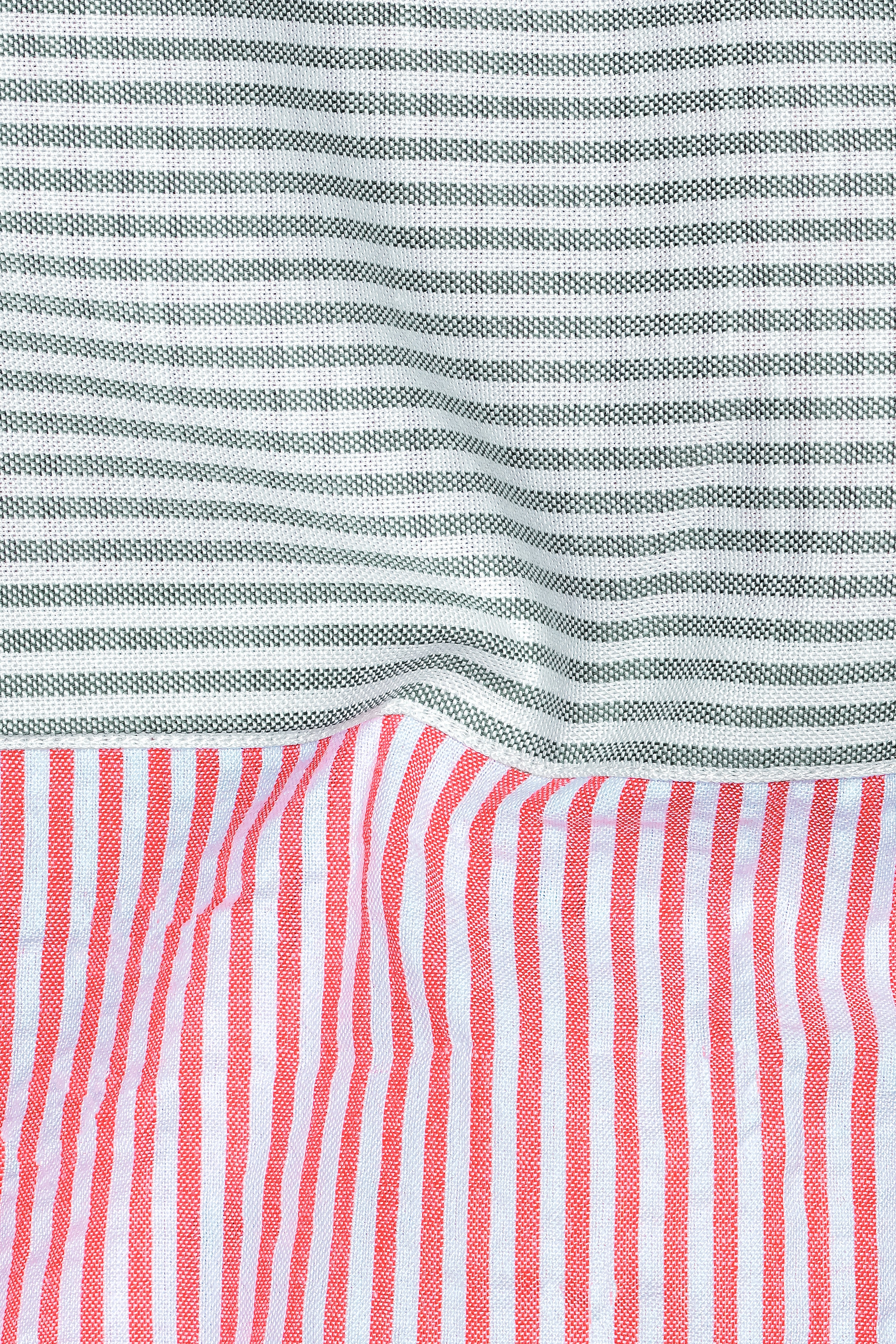 Carmine Pink with Cascade Green Striped Seersucker Giza Cotton Designer Shirt