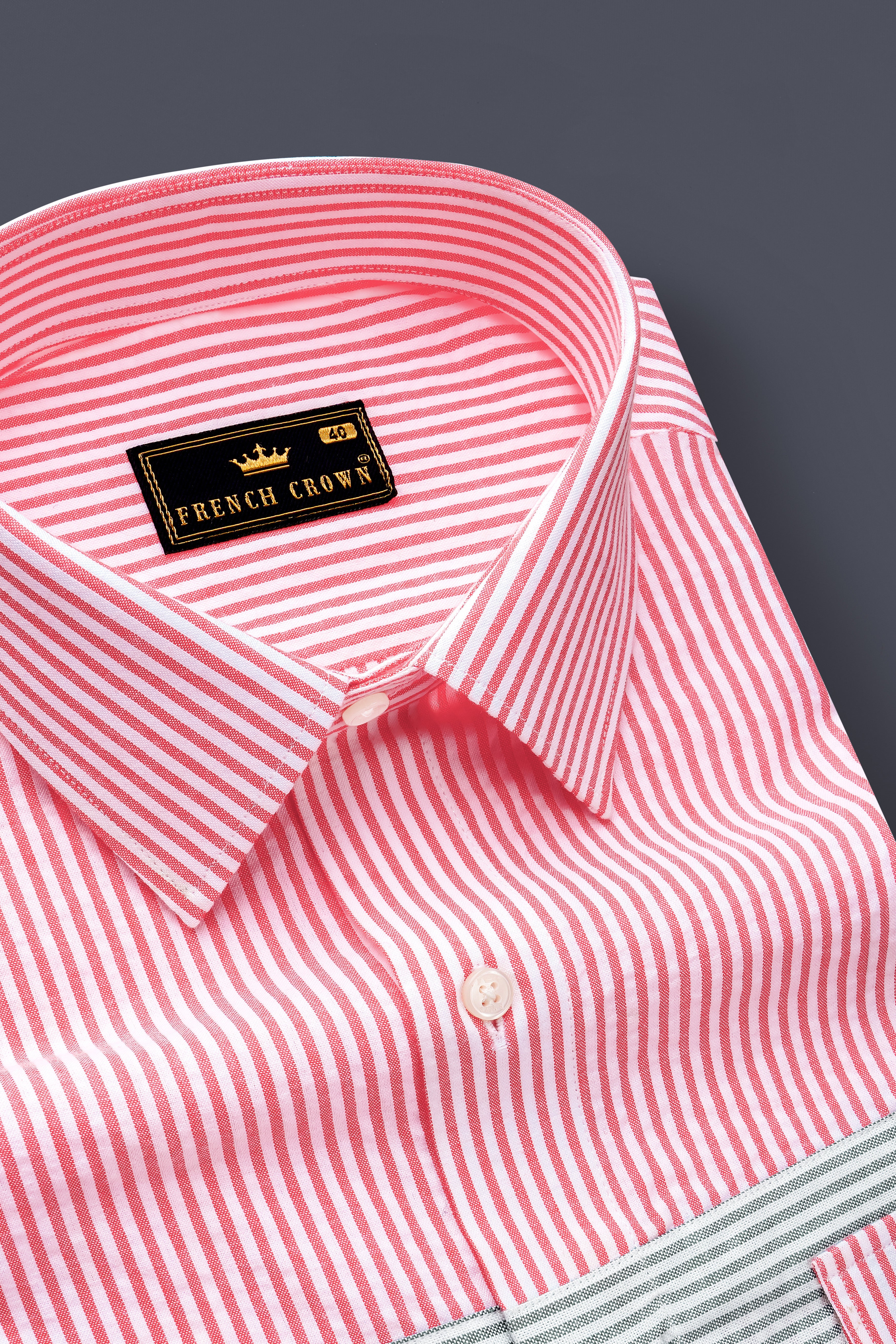 Carmine Pink with Cascade Green Striped Seersucker Giza Cotton Designer Shirt