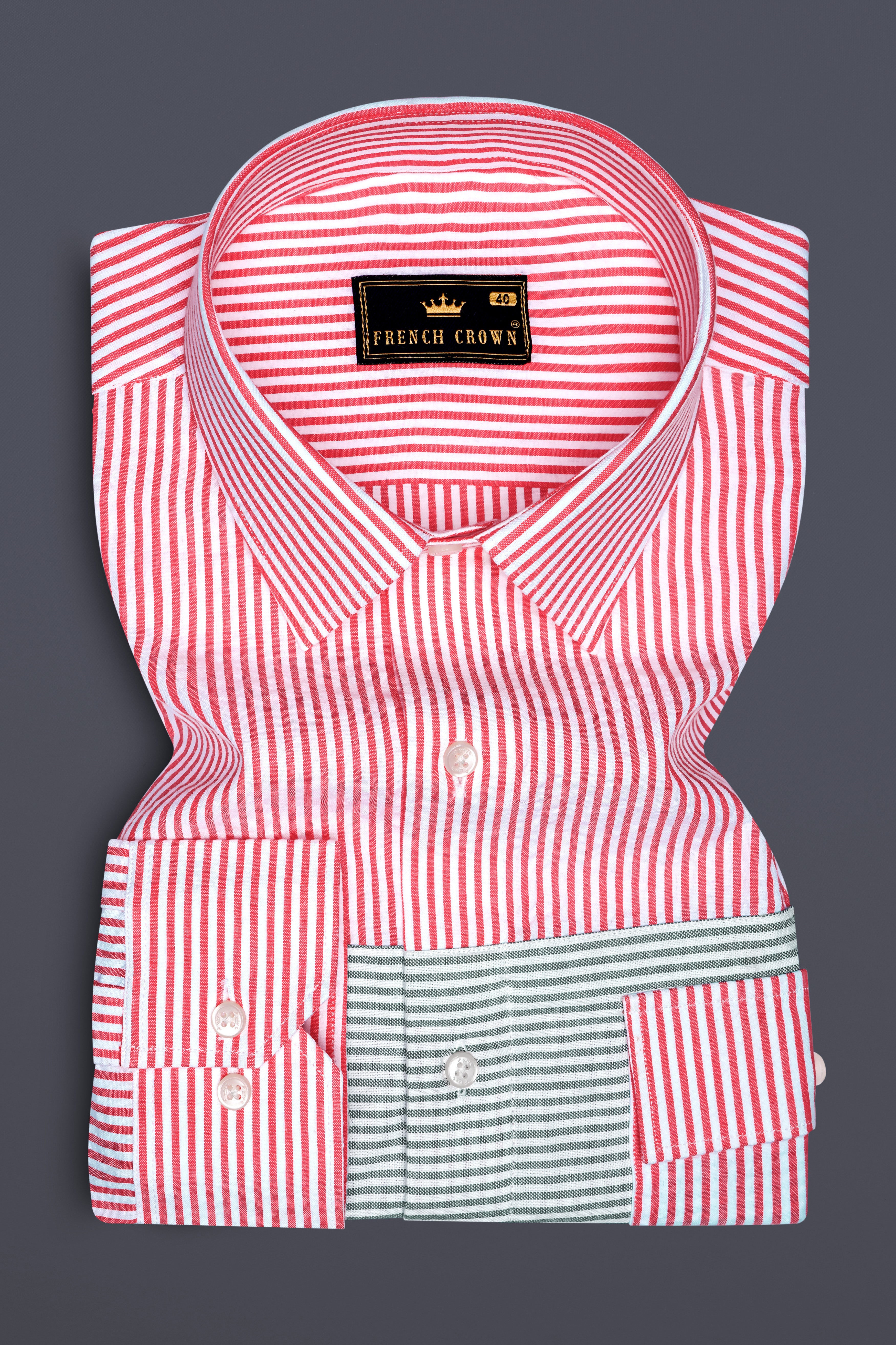 Carmine Pink with Cascade Green Striped Seersucker Giza Cotton Designer Shirt