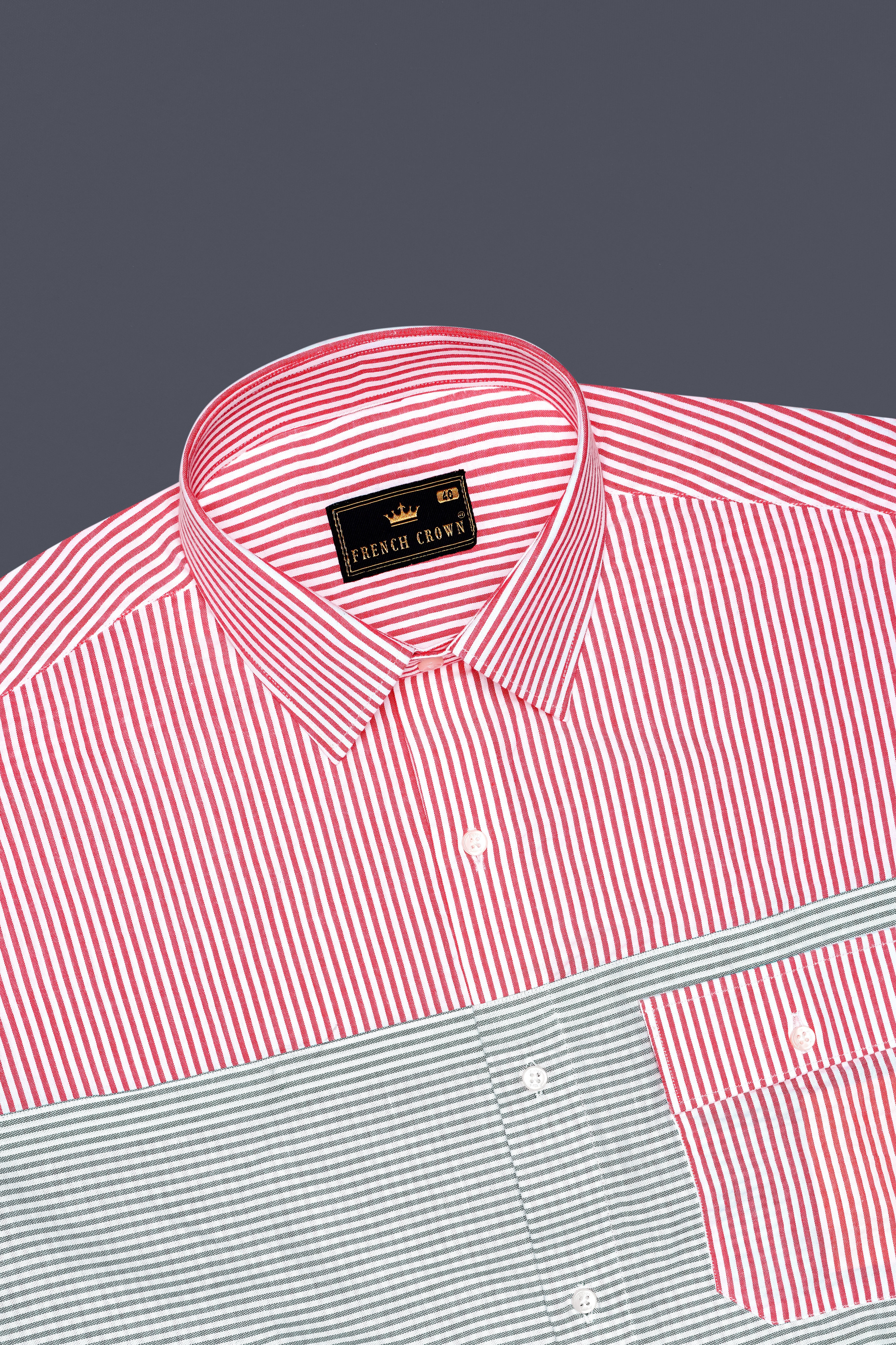 Carmine Pink with Cascade Green Striped Seersucker Giza Cotton Designer Shirt