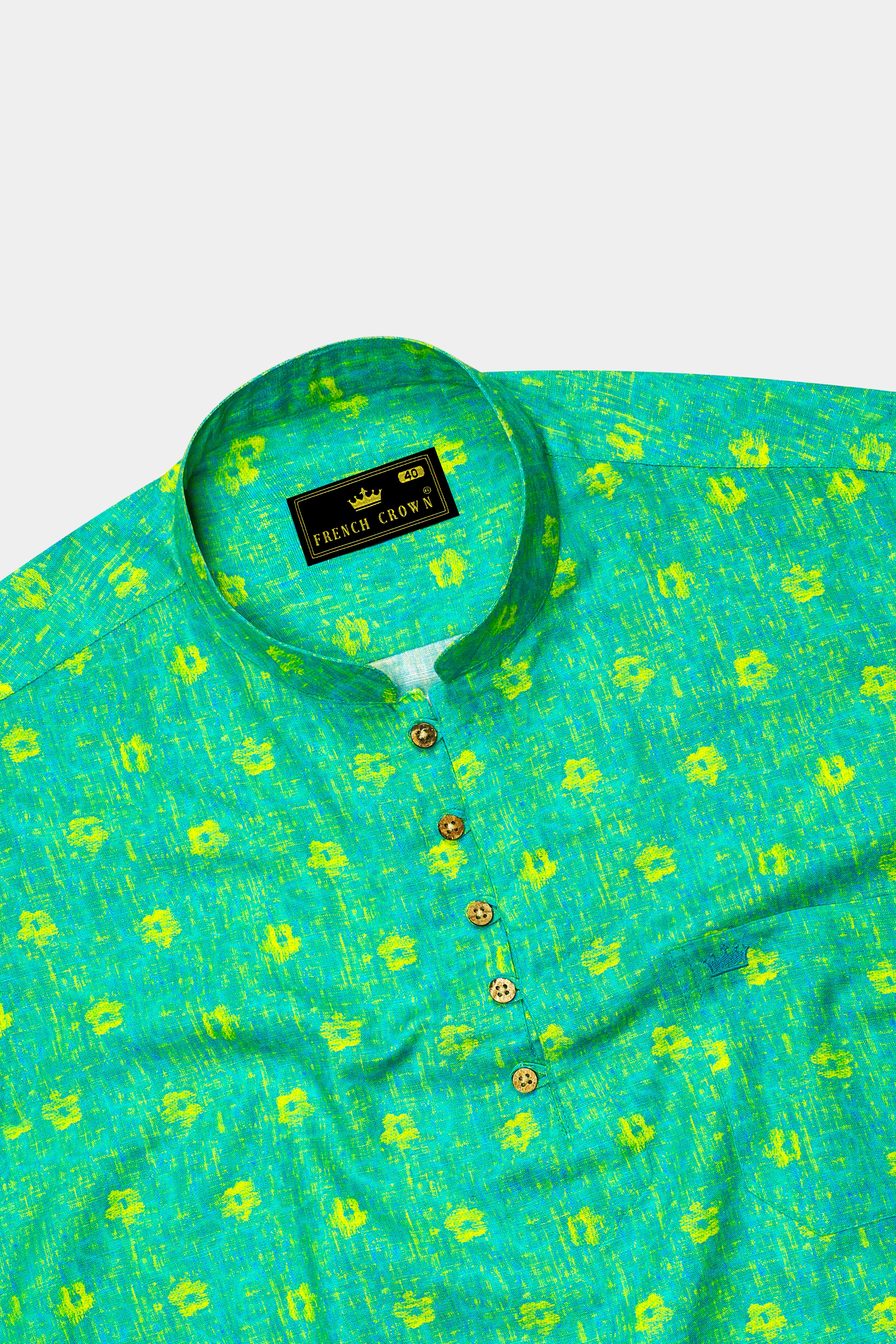 Turquoise Aqua Green Printed Luxurious Linen Kurta Shirt