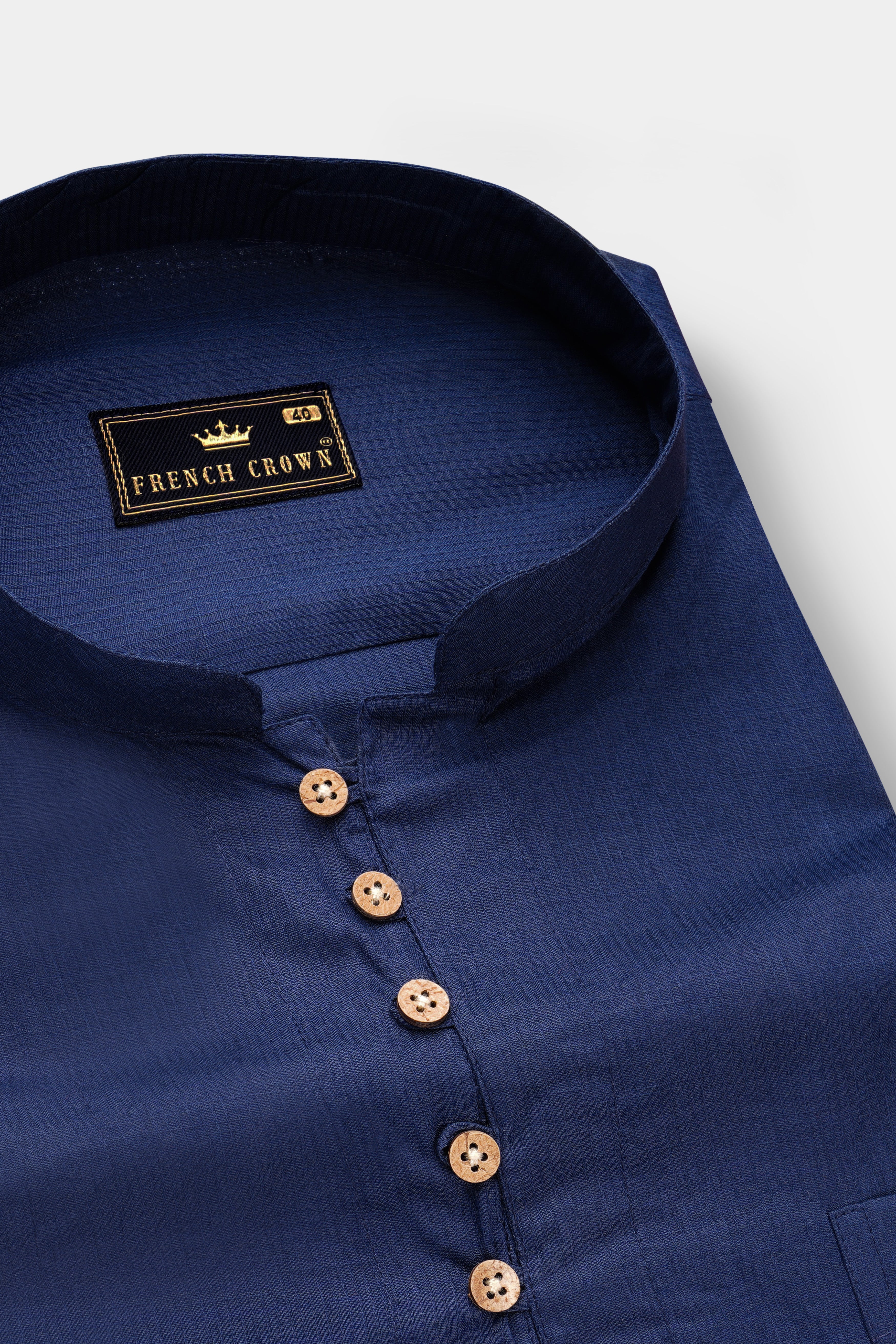 Ebony Clay Blue Dobby Textured Premium Giza Cotton Kurta Shirt