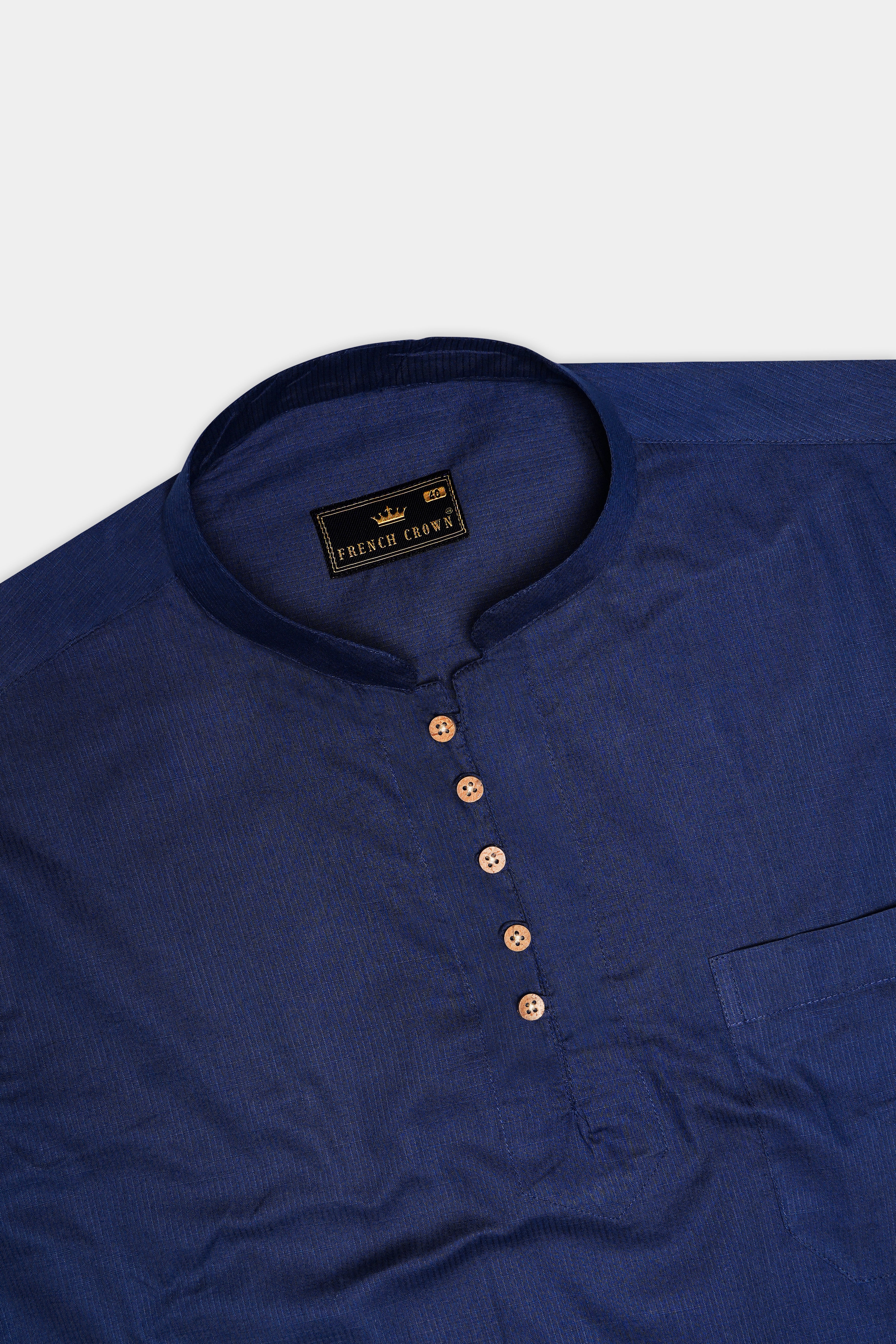 Ebony Clay Blue Dobby Textured Premium Giza Cotton Kurta Shirt