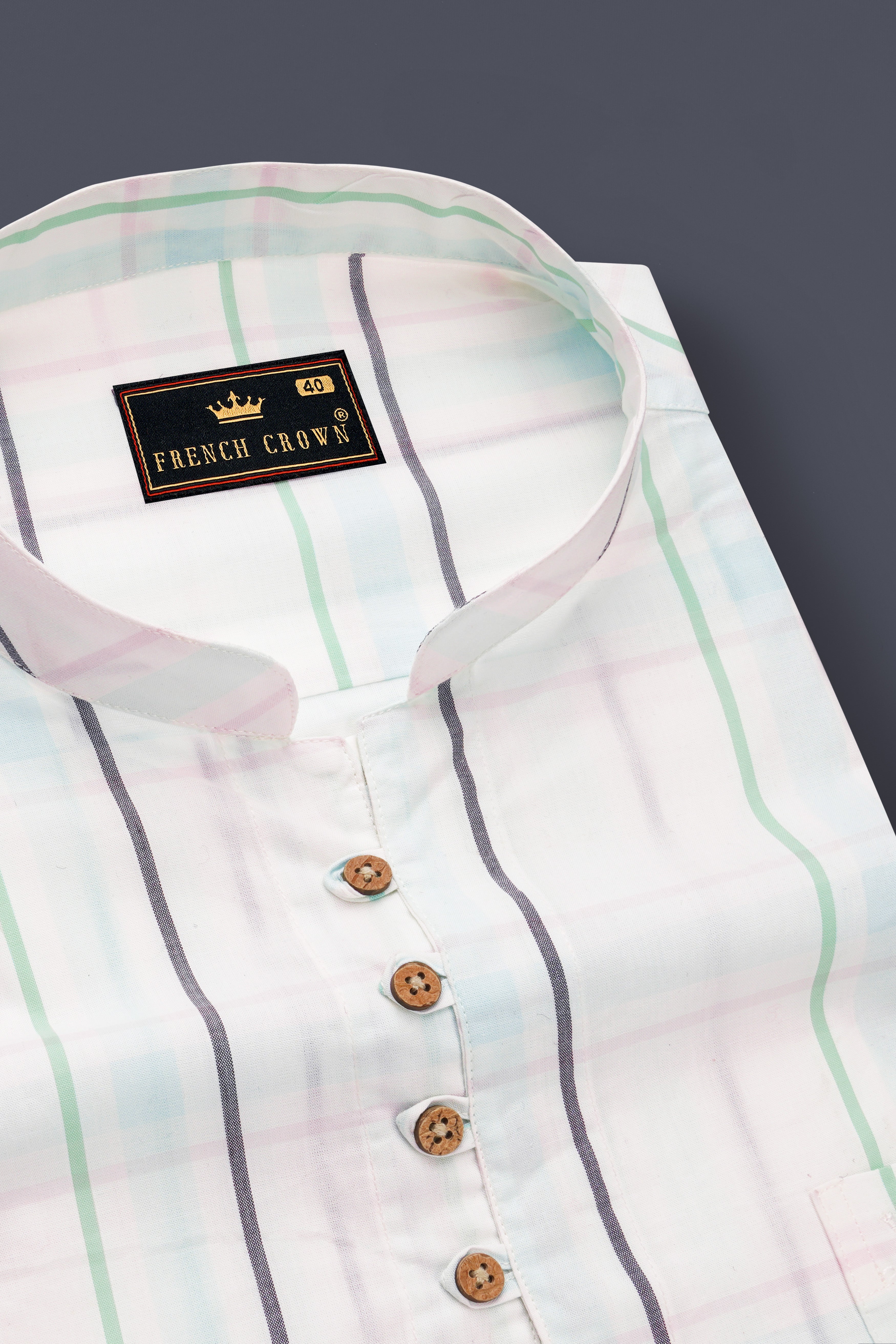 Bright White with Cruise Green Plaid and Striped Premium Cotton Kurta Shirt