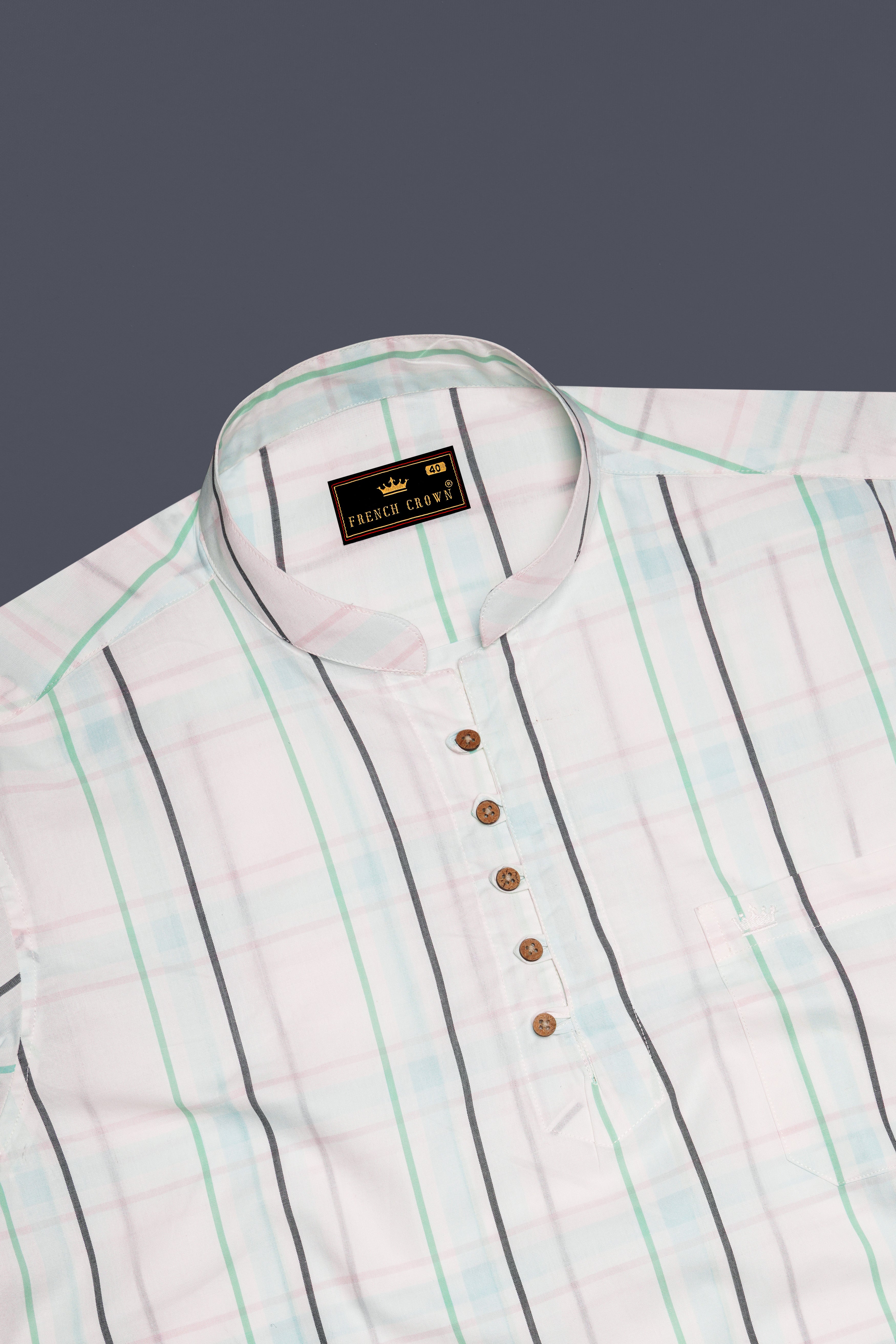 Bright White with Cruise Green Plaid and Striped Premium Cotton Kurta Shirt