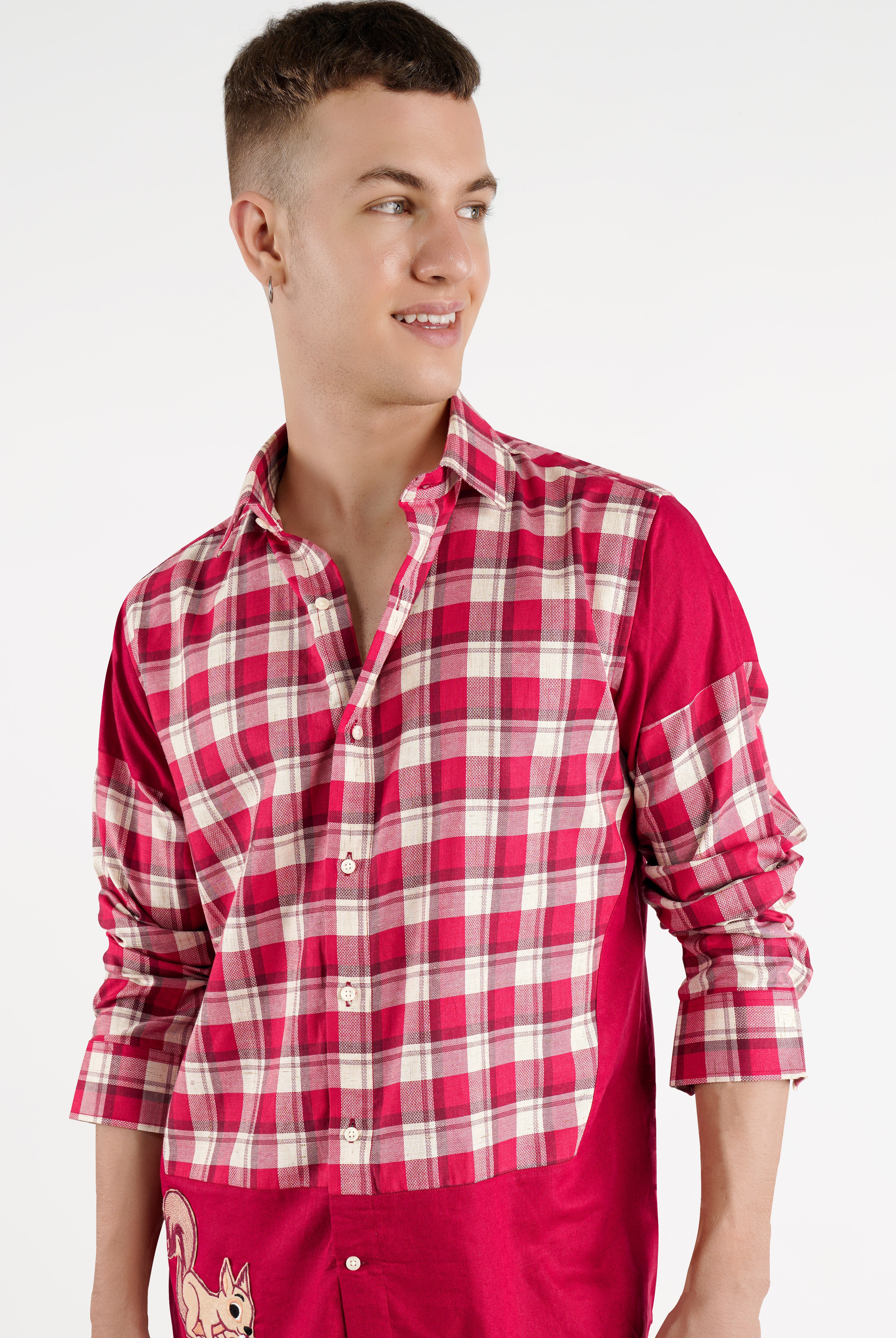 Cardinal Red with White Checkered Squirrel Patchwork Dobby Premium Giza Cotton Designer Shirt