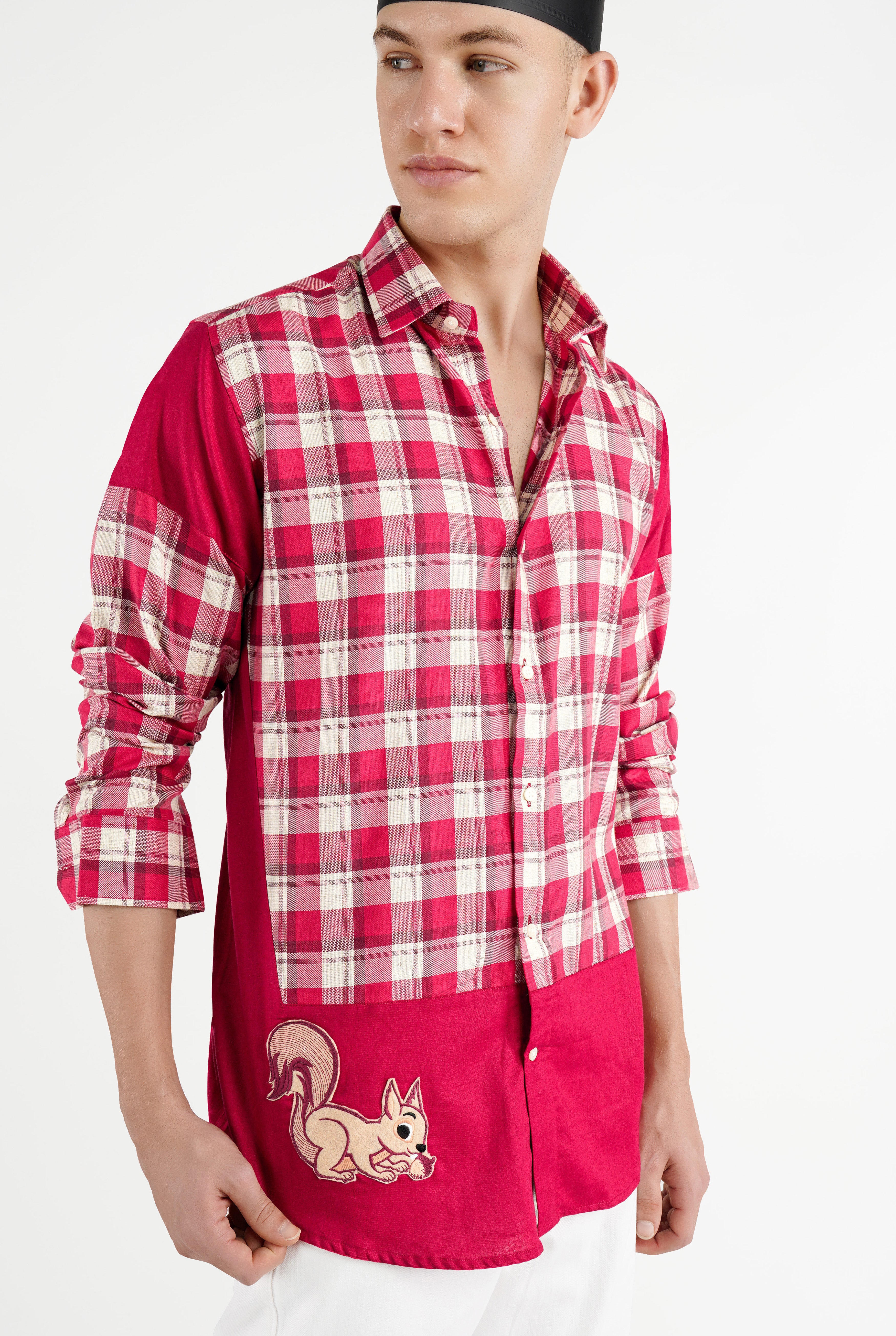 Cardinal Red with White Checkered Squirrel Patchwork Dobby Premium Giza Cotton Designer Shirt