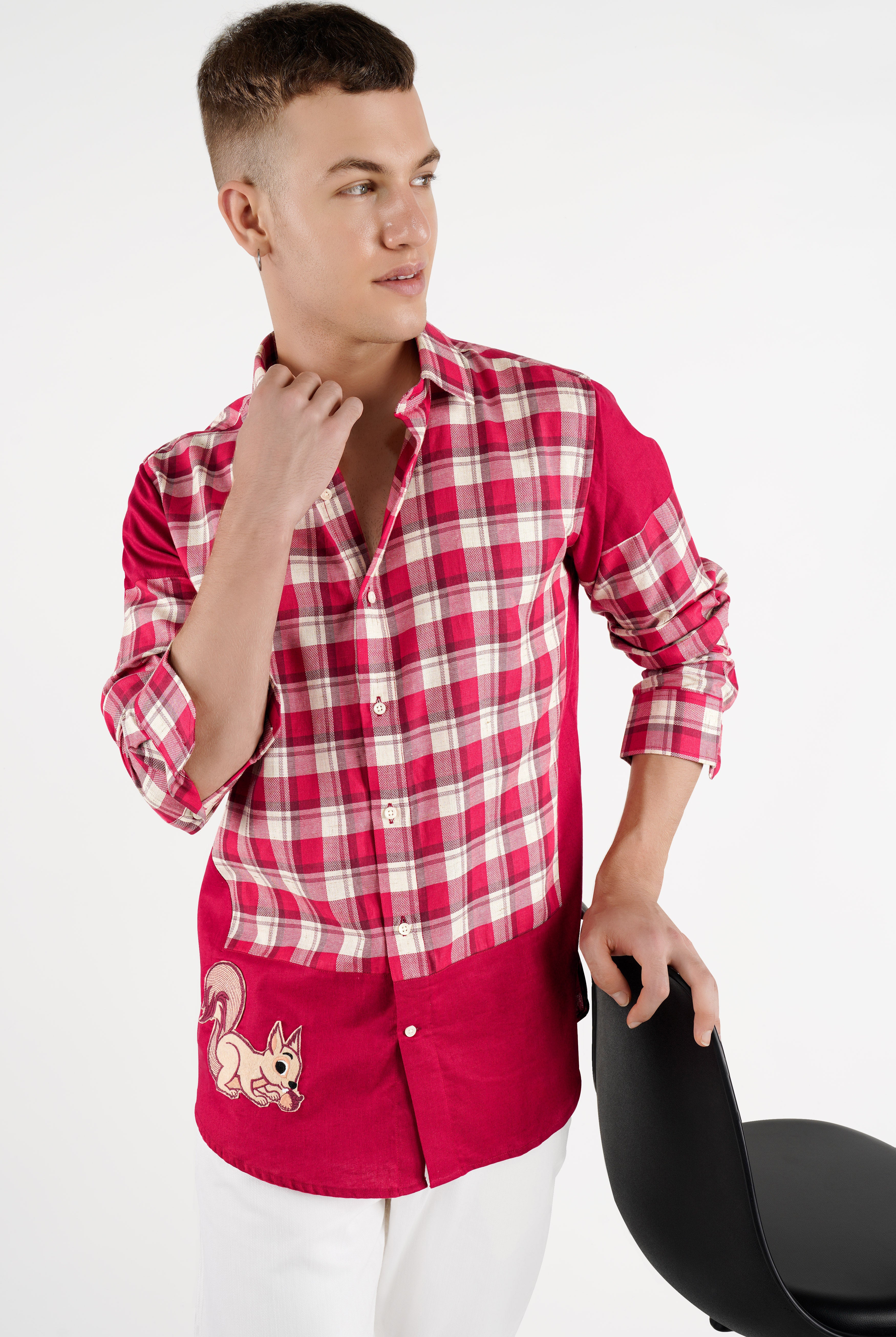 Cardinal Red with White Checkered Squirrel Patchwork Dobby Premium Giza Cotton Designer Shirt