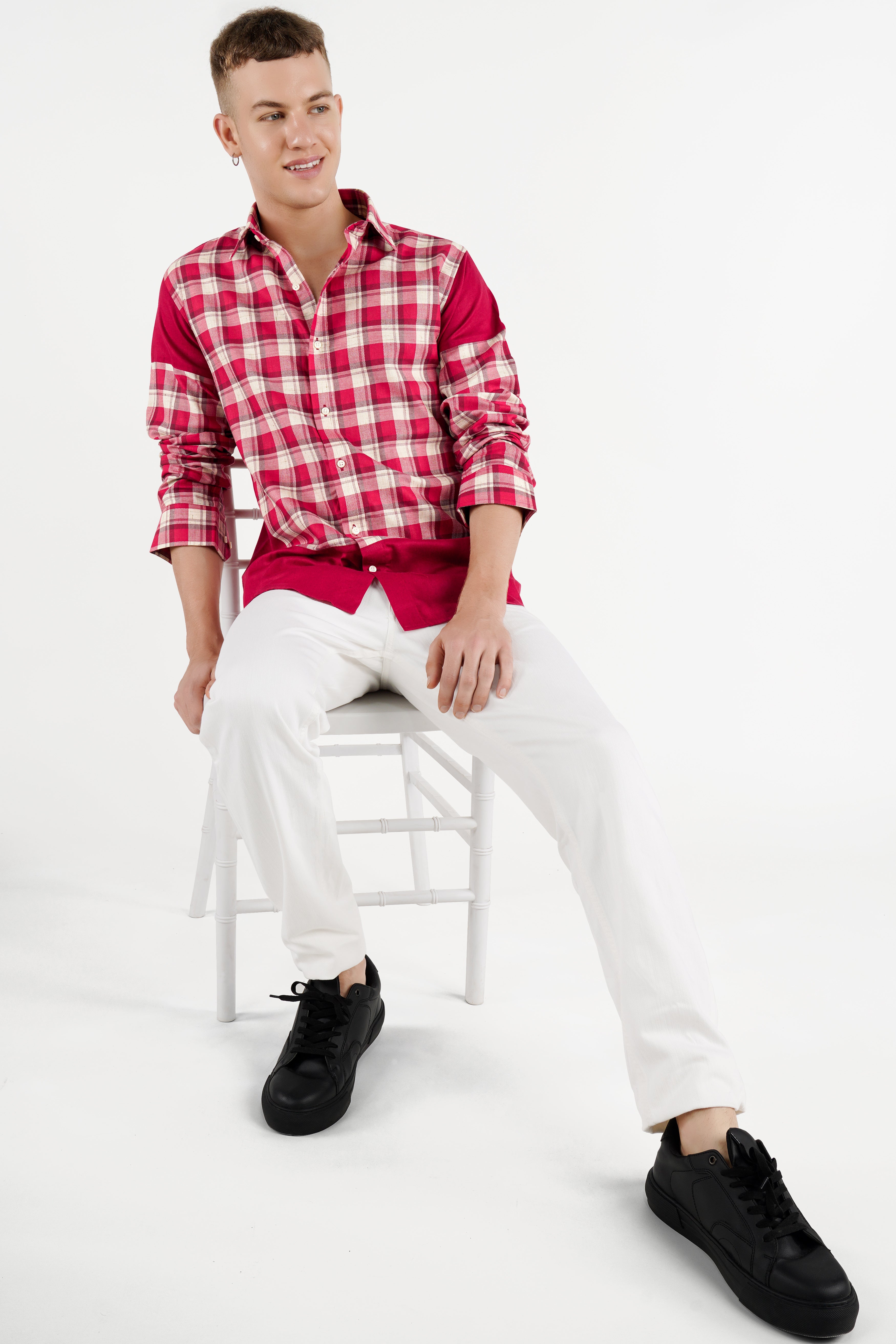 Cardinal Red and White Checkered with Funky Printed Dobby Designer Shirt