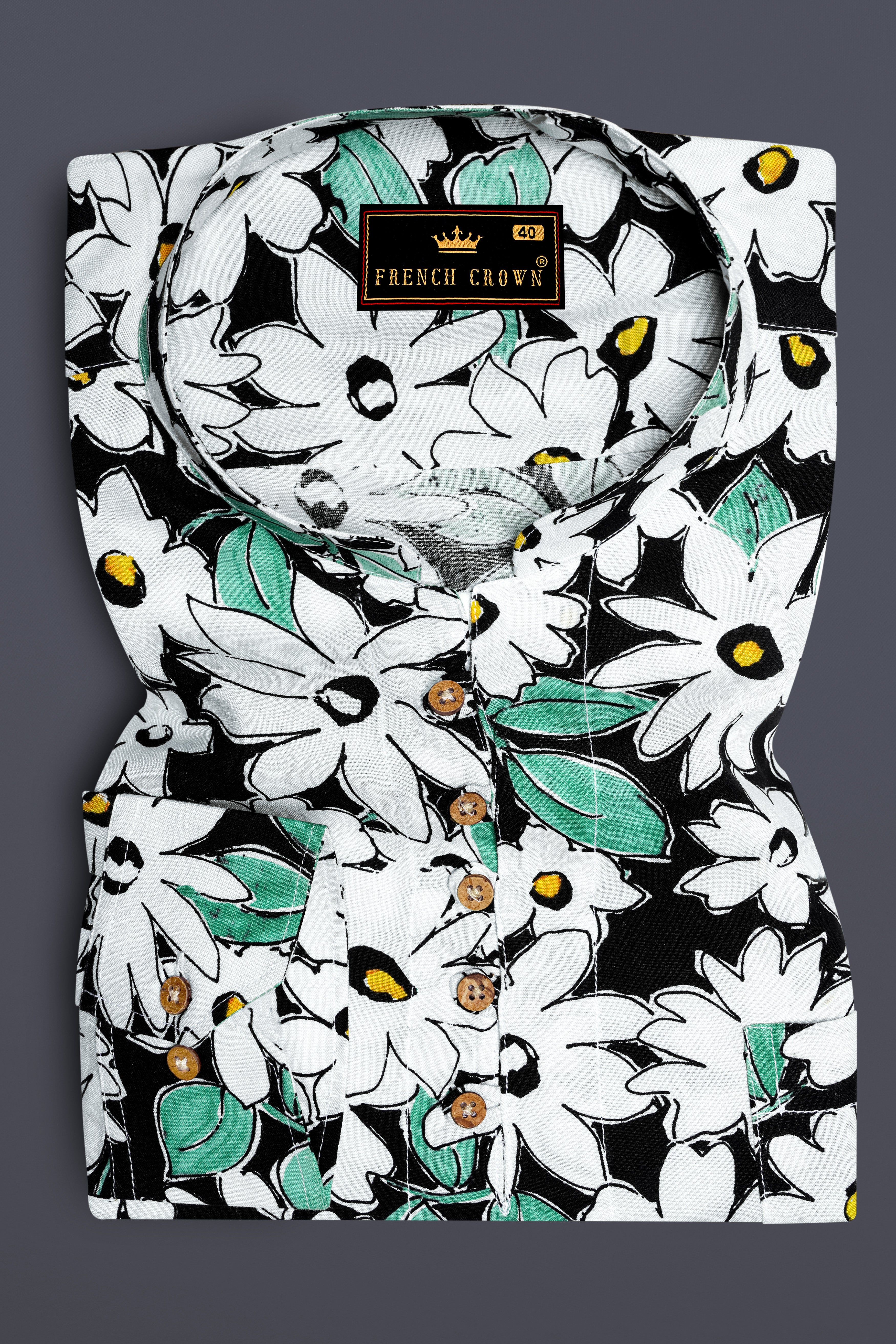 Bright White and Jade Black Floral Printed Premium Tencel Kurta Shirt