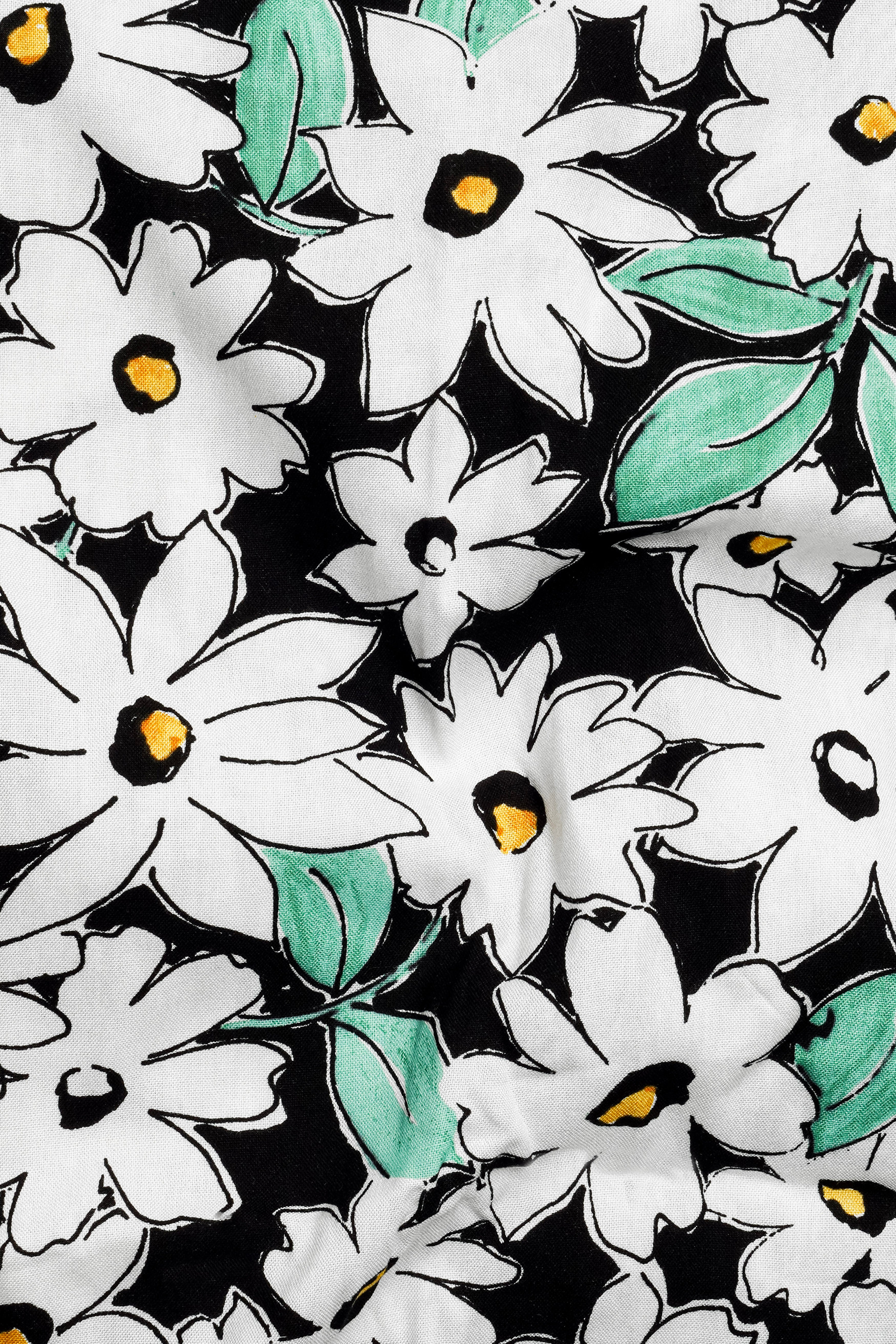 Bright White and Jade Black Floral Printed Premium Tencel Kurta Shirt