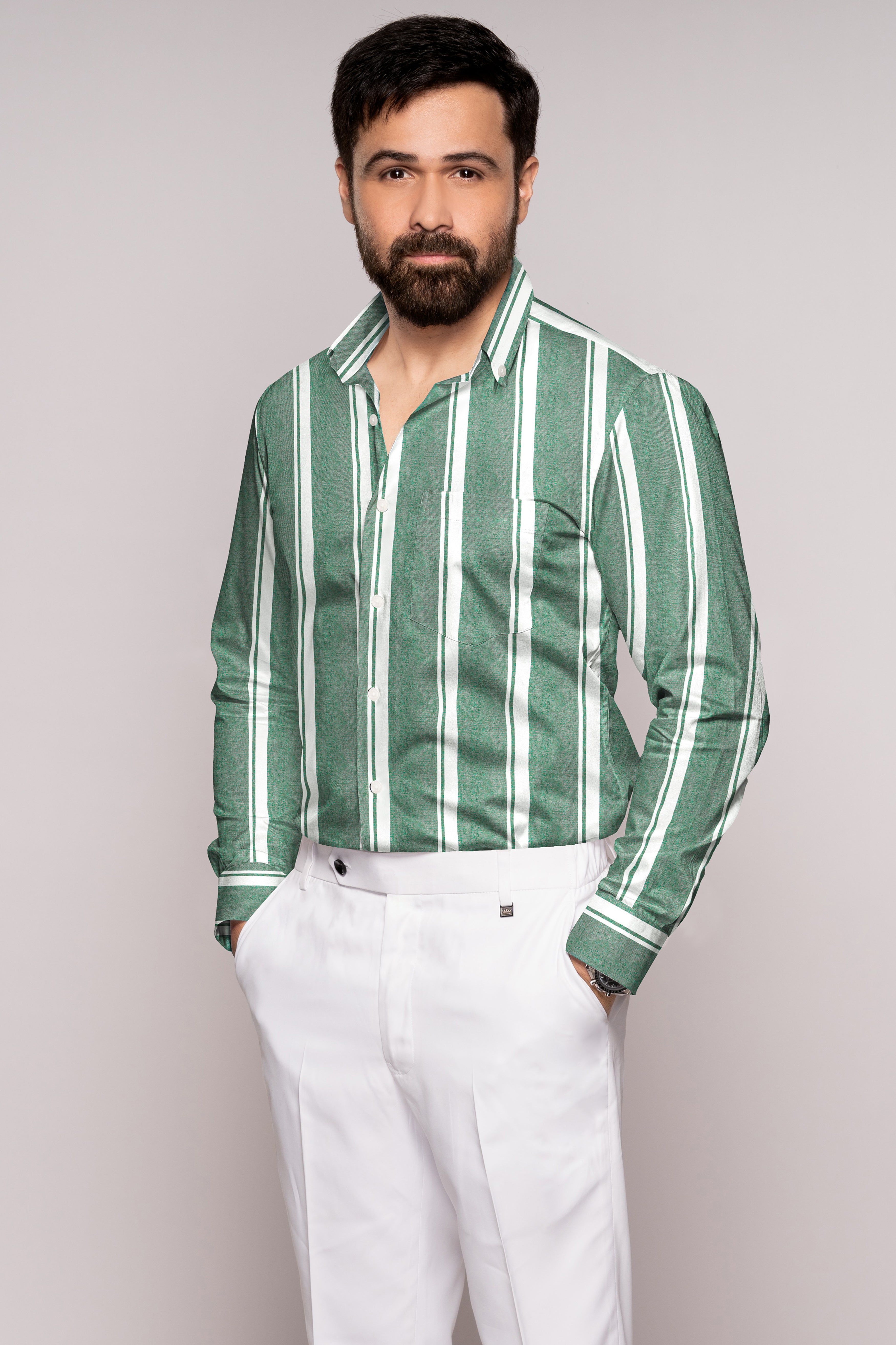 Cactus Green and Bright White Twill Striped Premium Cotton Shirt