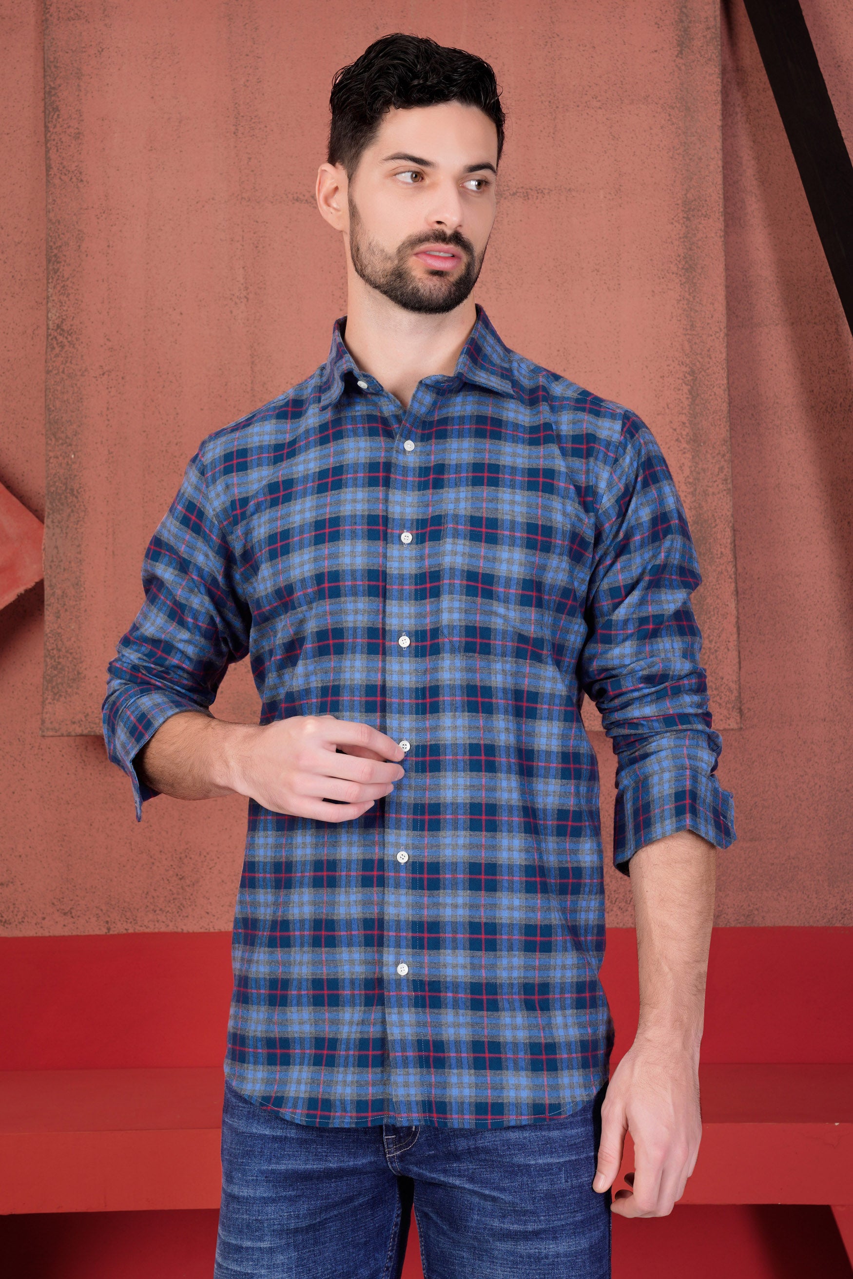 Midnight Blue and Shiraz Red Twill Plaid with Funky Patchwork Premium Cotton Designer Shirt