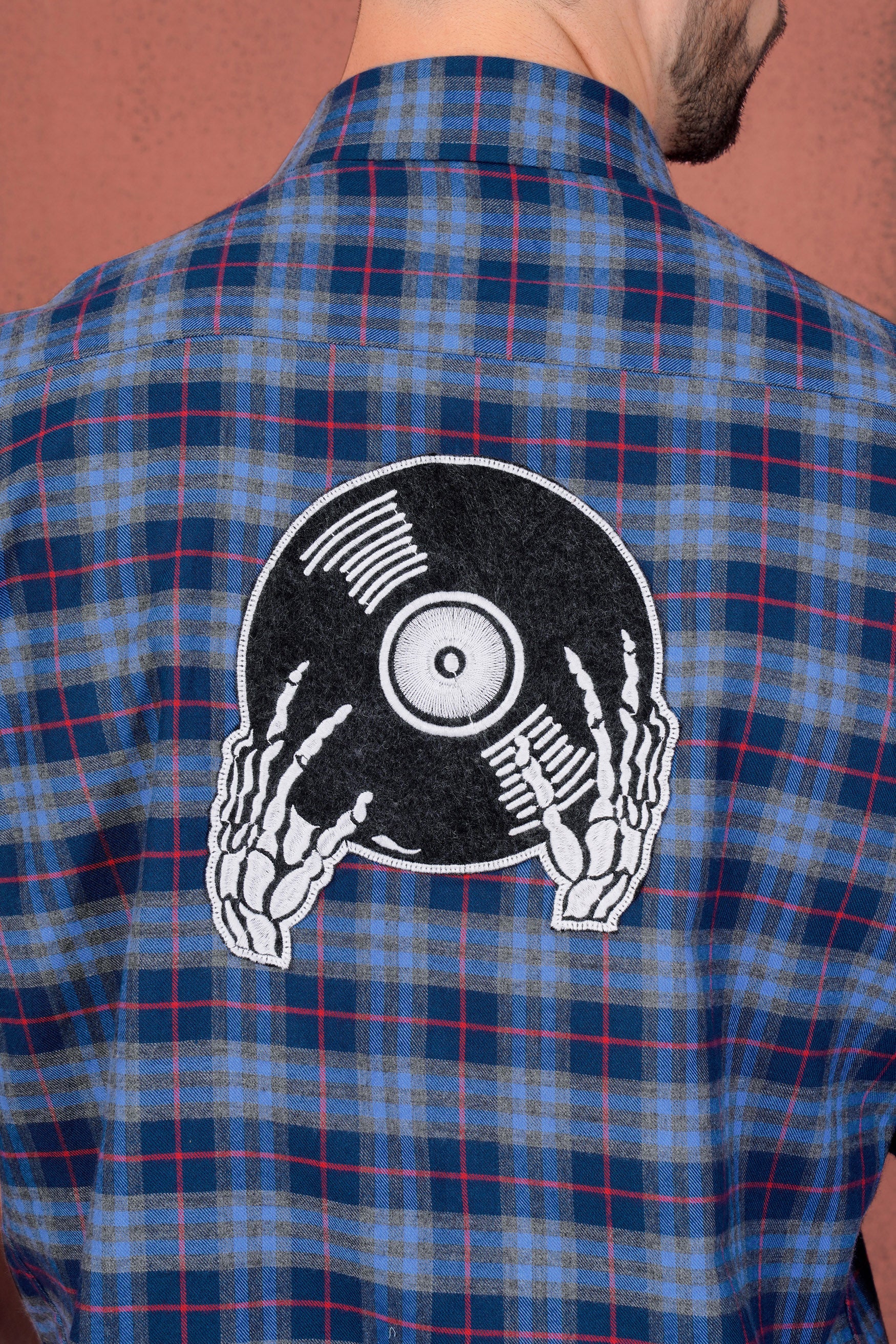 Midnight Blue and Shiraz Red Twill Plaid with Funky Patchwork Premium Cotton Designer Shirt