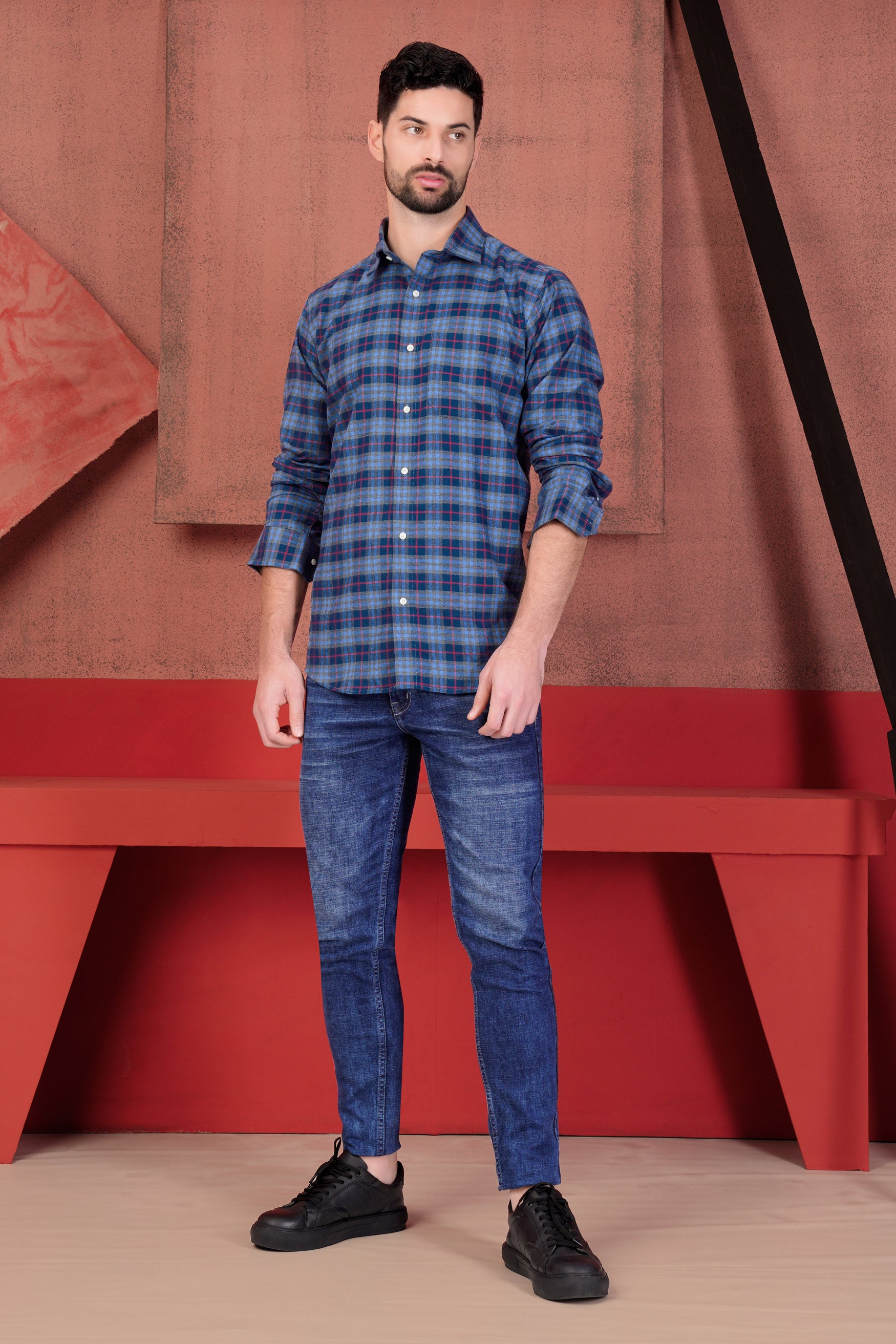 Midnight Blue and Shiraz Red Twill Plaid with Funky Patchwork Premium Cotton Designer Shirt