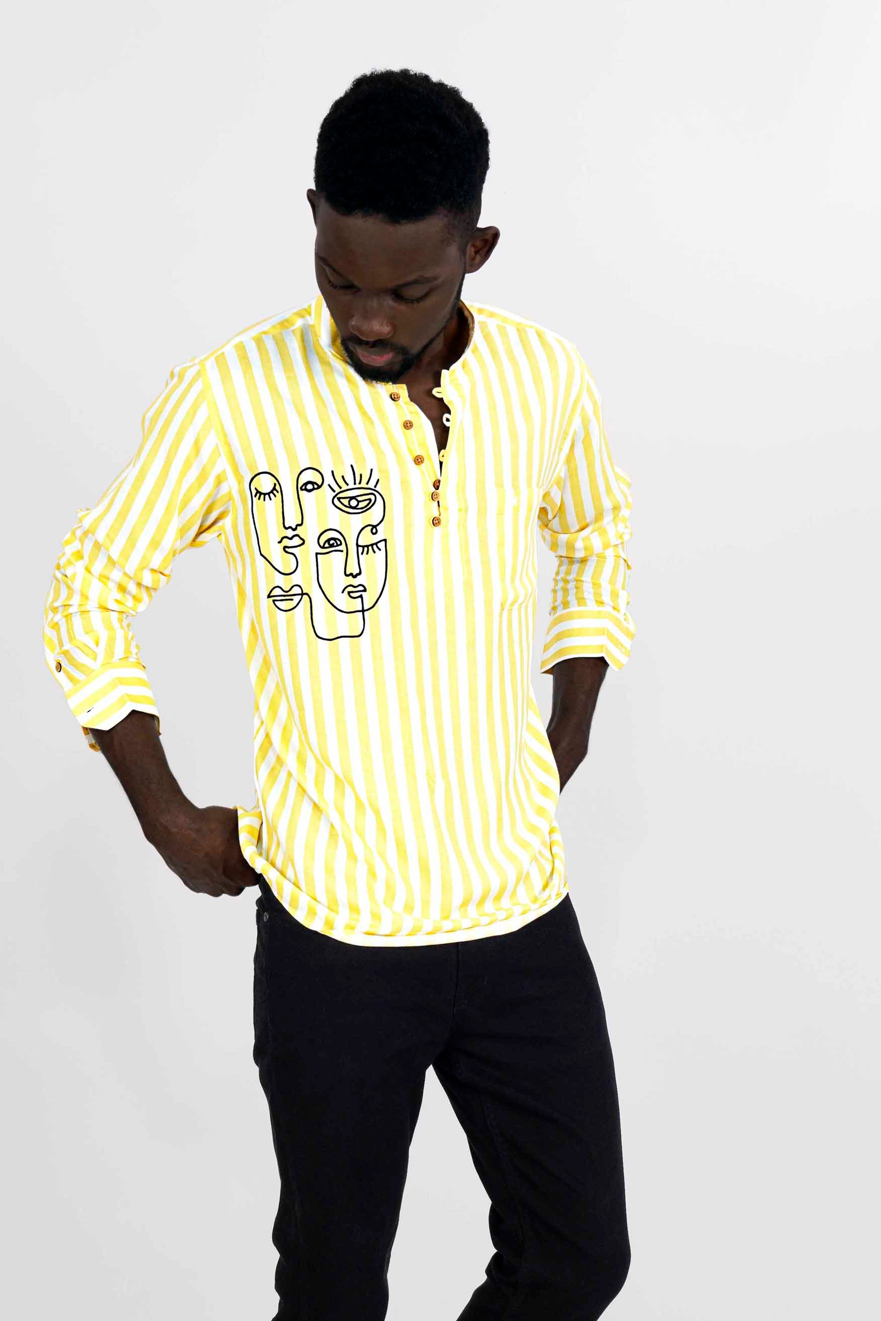 Goldenrod Yellow and White Striped with Face Embroidered Premium Tencel Designer Kurta Shirt 8250-KS-E171-38, 8250-KS-E171-H-38, 8250-KS-E171-39, 8250-KS-E171-H-39, 8250-KS-E171-40, 8250-KS-E171-H-40, 8250-KS-E171-42, 8250-KS-E171-H-42, 8250-KS-E171-44, 8250-KS-E171-H-44, 8250-KS-E171-46, 8250-KS-E171-H-46, 8250-KS-E171-48, 8250-KS-E171-H-48, 8250-KS-E171-50, 8250-KS-E171-H-50, 8250-KS-E171-52, 8250-KS-E171-H-52