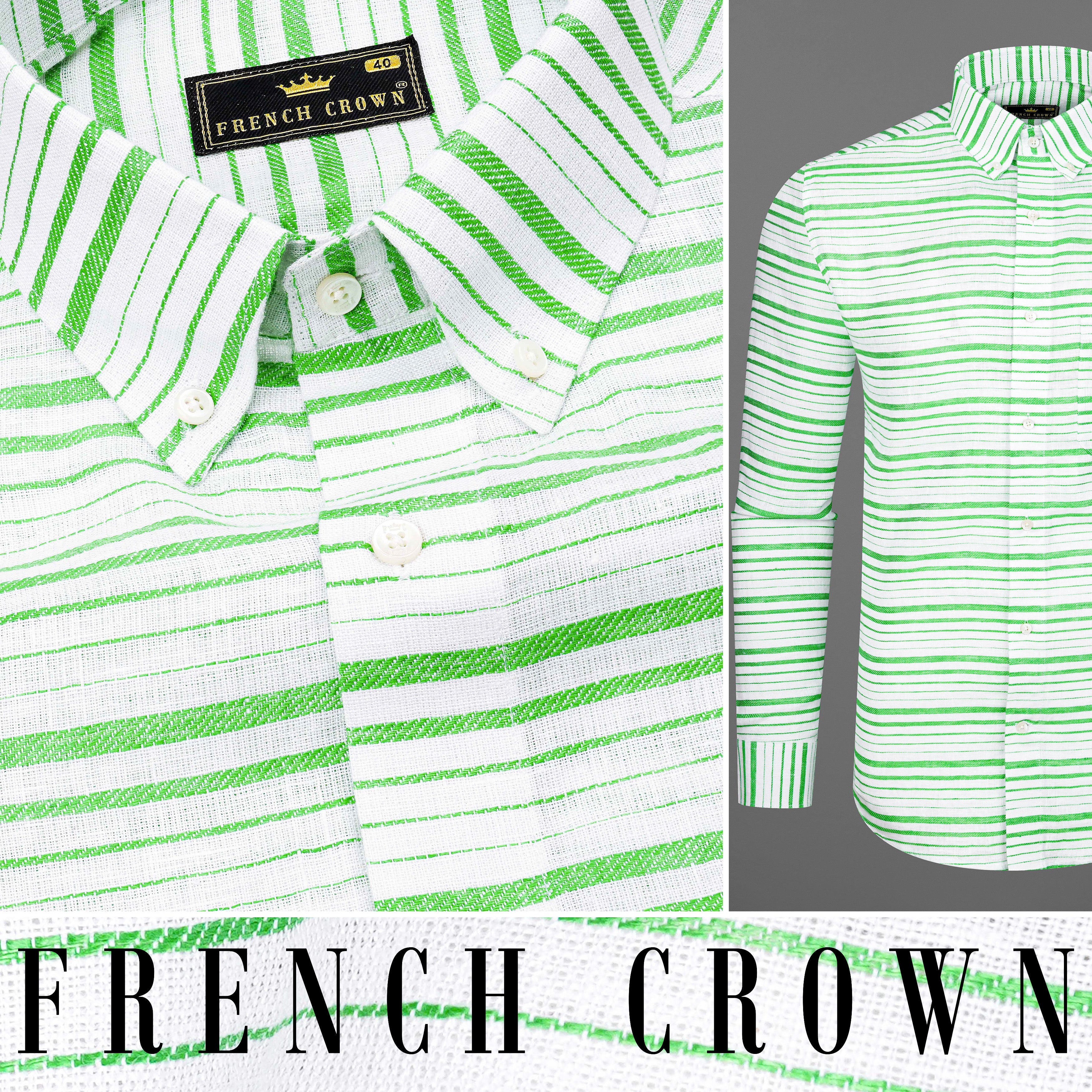 Bright White and Chateau Green Striped Luxurious Linen Shirt