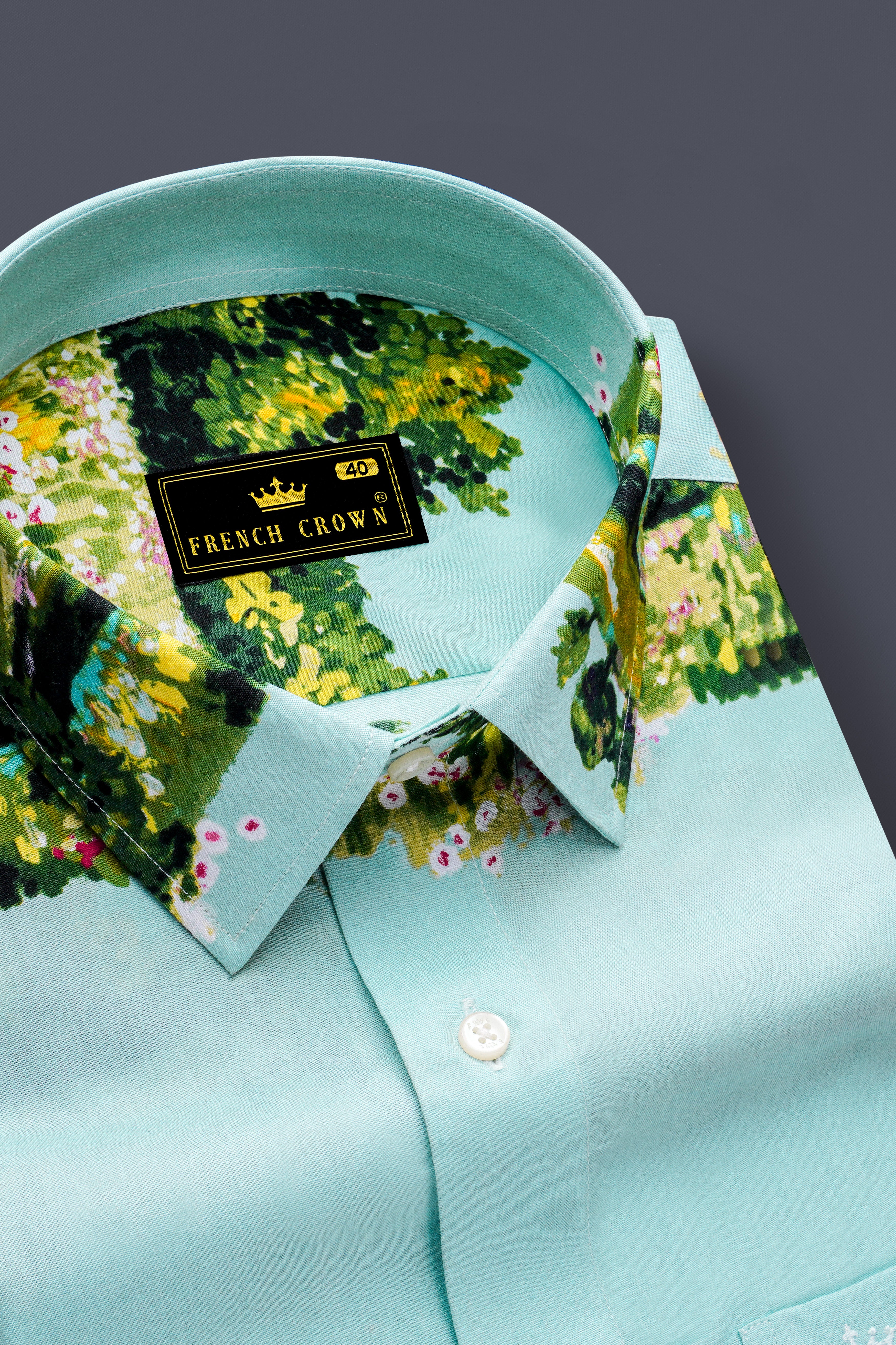 Pale Turquoise Blue Tropical Printed Premium Cotton Shirt