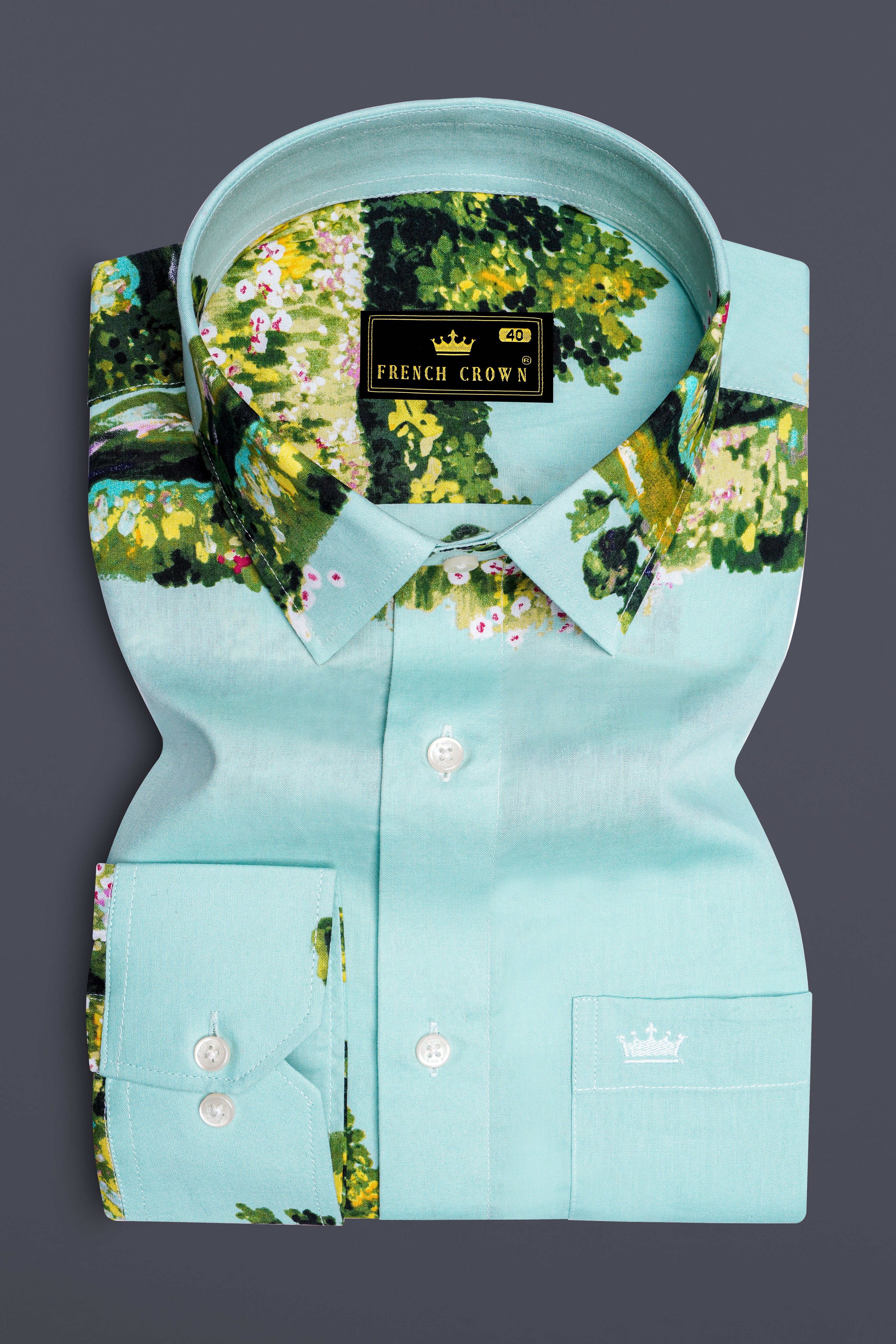 Pale Turquoise Blue Tropical Printed Premium Cotton Shirt