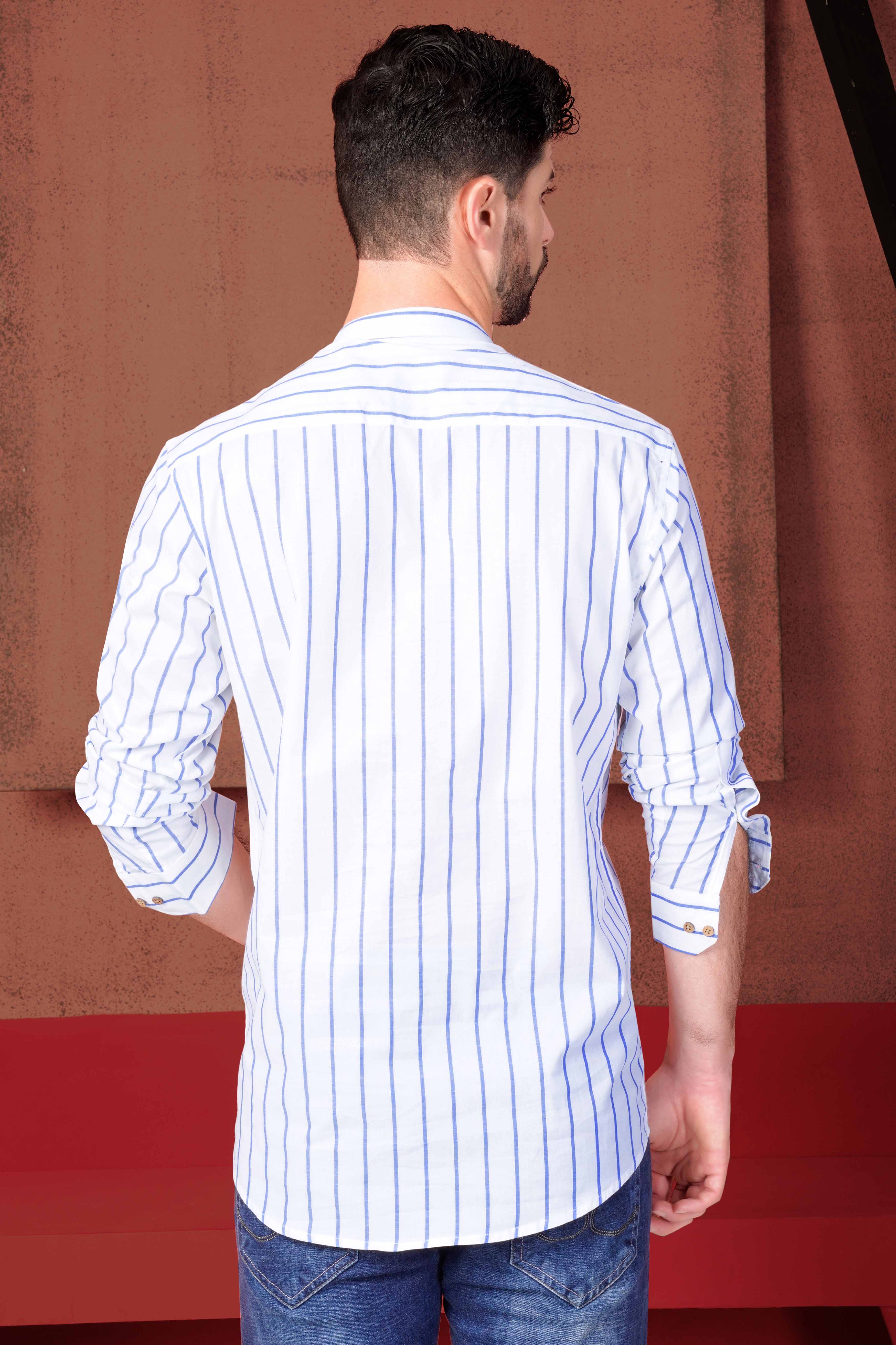 Bright White and Danube Blue Striped with Drum Set Embroidered Premium Cotton Designer Kurta Shirt