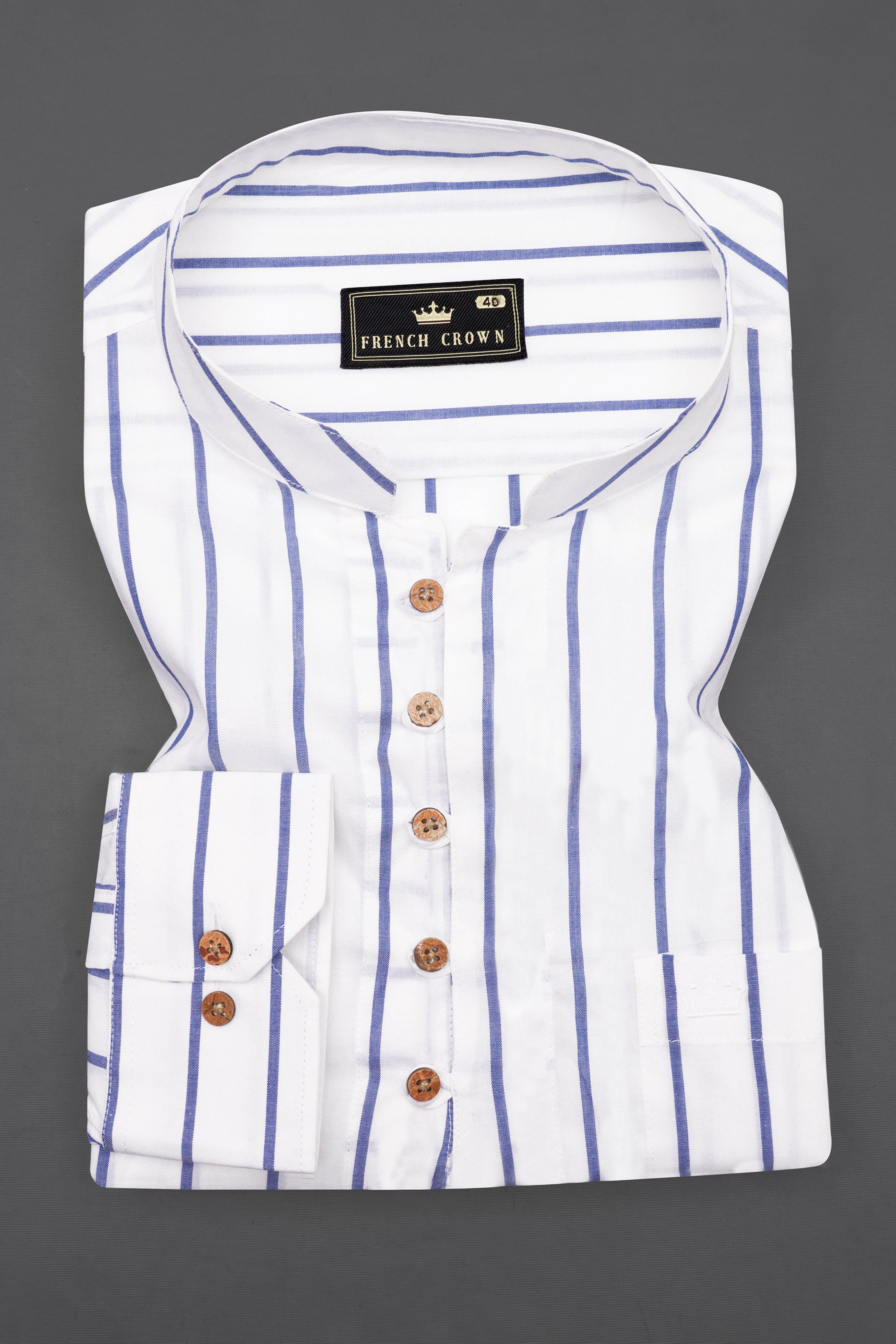 Bright White and Waikawa Blue Striped with Snake Printed Premium Cotton Designer Kurta Shirt