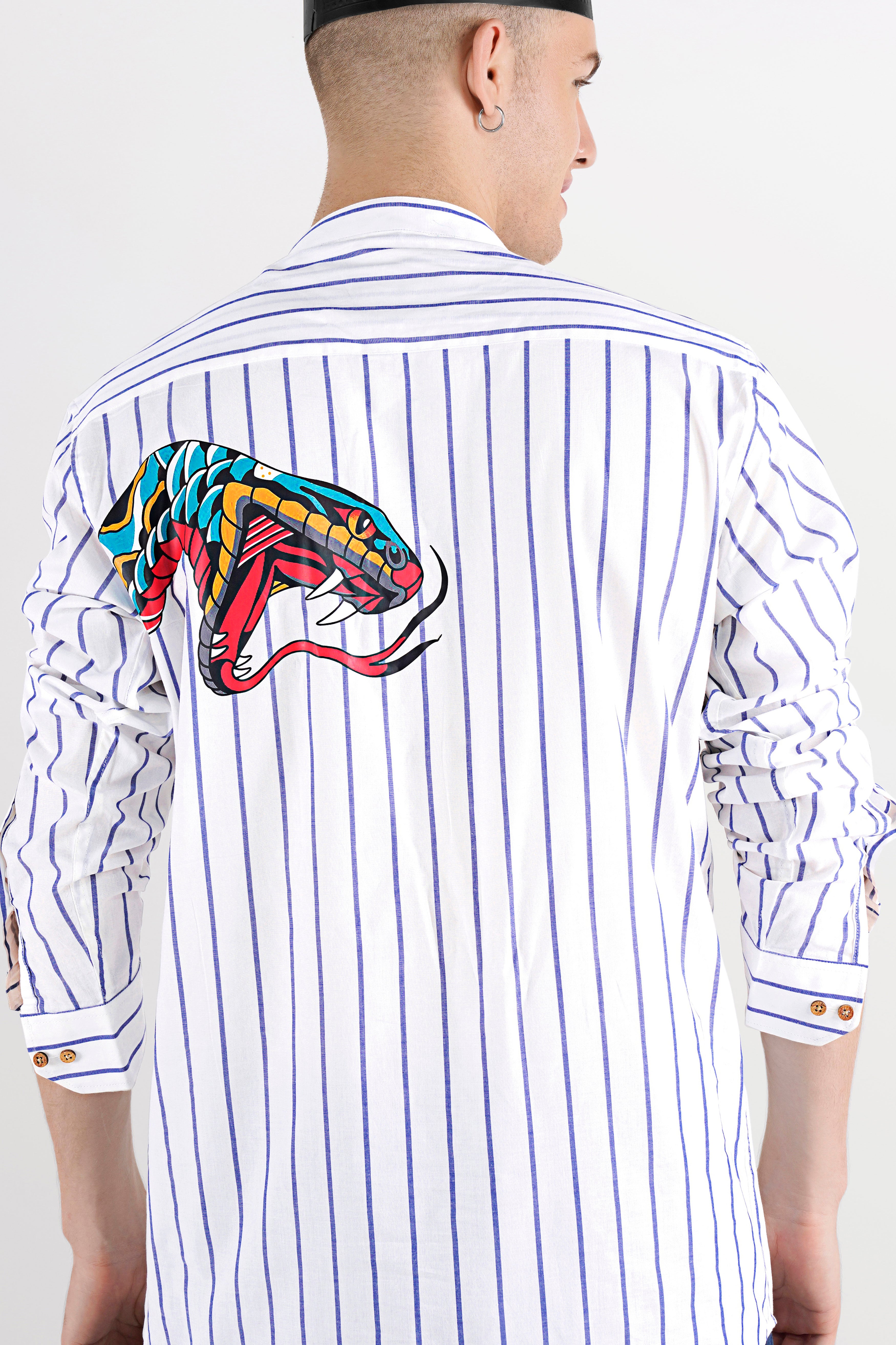 Bright White and Waikawa Blue Striped with Snake Printed Premium Cotton Designer Kurta Shirt