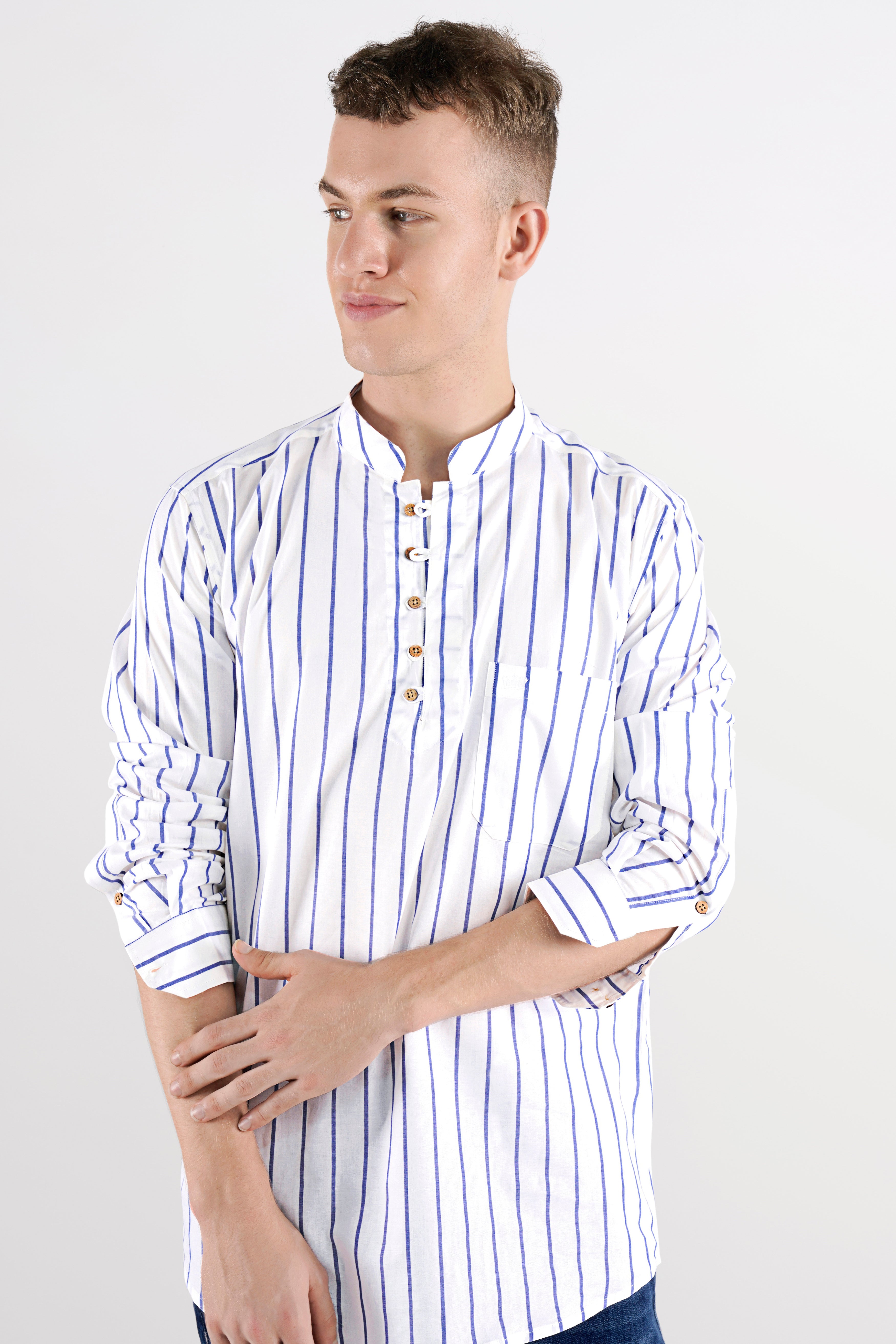 Bright White and Waikawa Blue Striped with Snake Printed Premium Cotton Designer Kurta Shirt