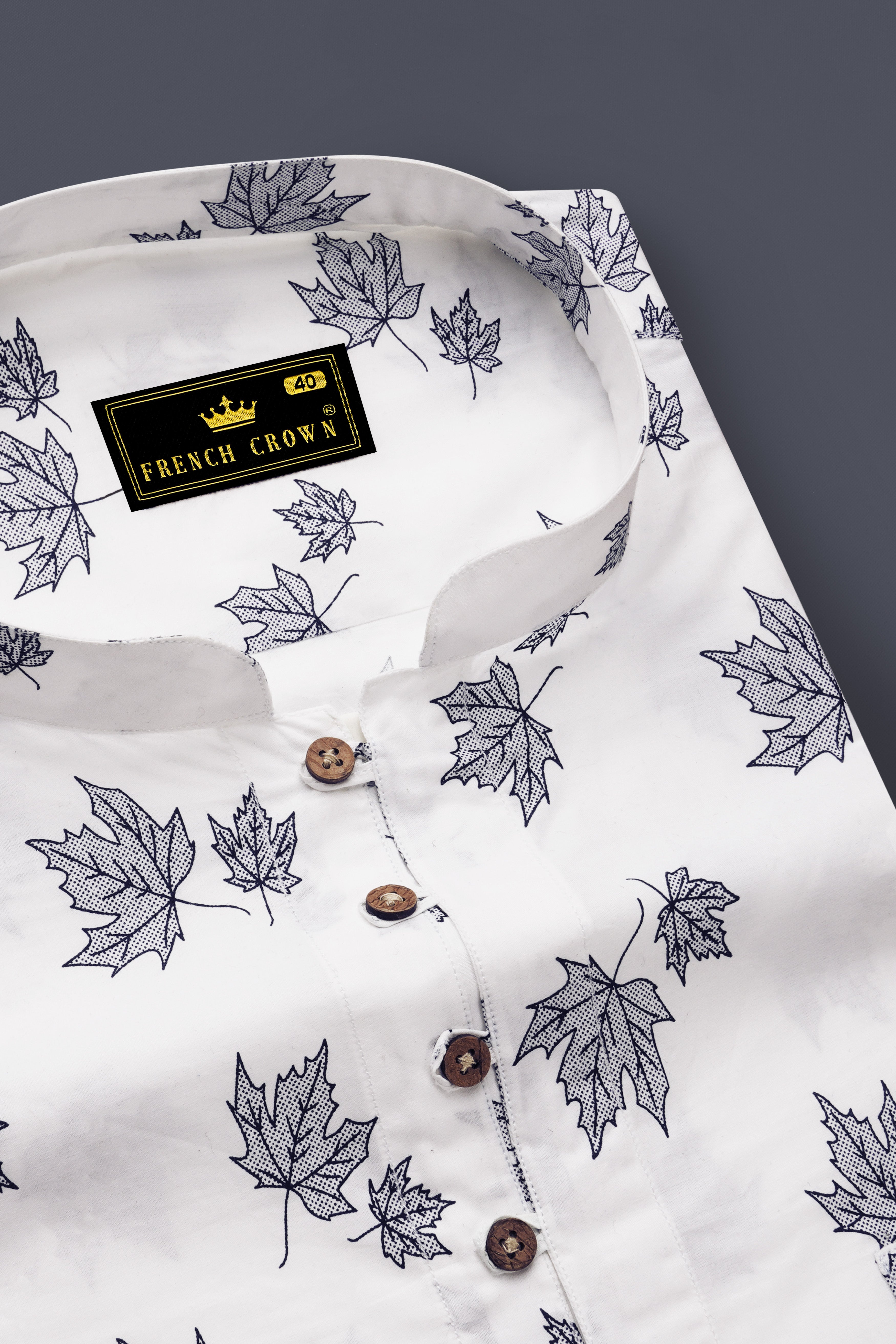 Bright White with Cruise Aqua Green Leaves Printed Premium Cotton Kurta Shirt