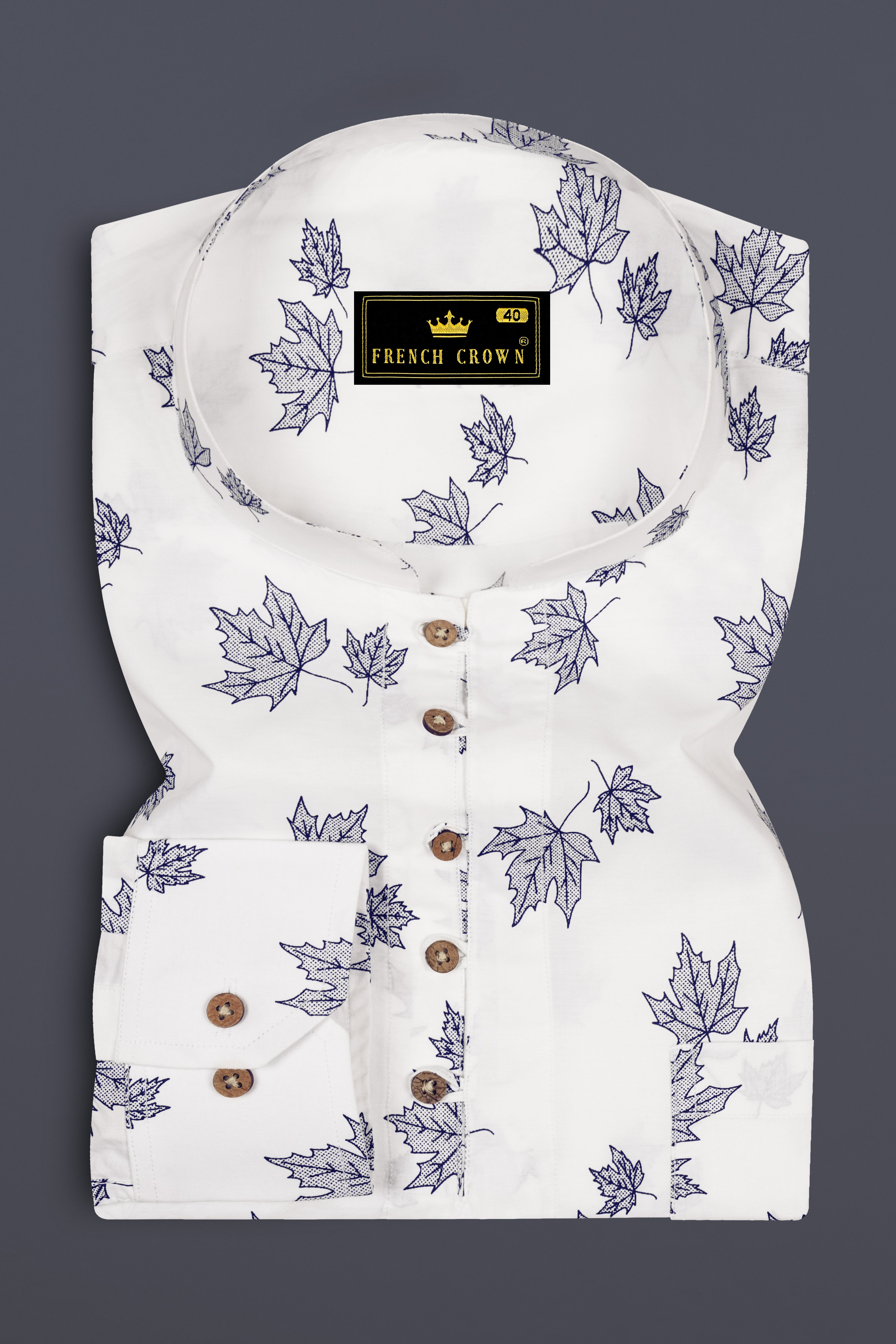 Bright White with Cruise Aqua Green Leaves Printed Premium Cotton Kurta Shirt