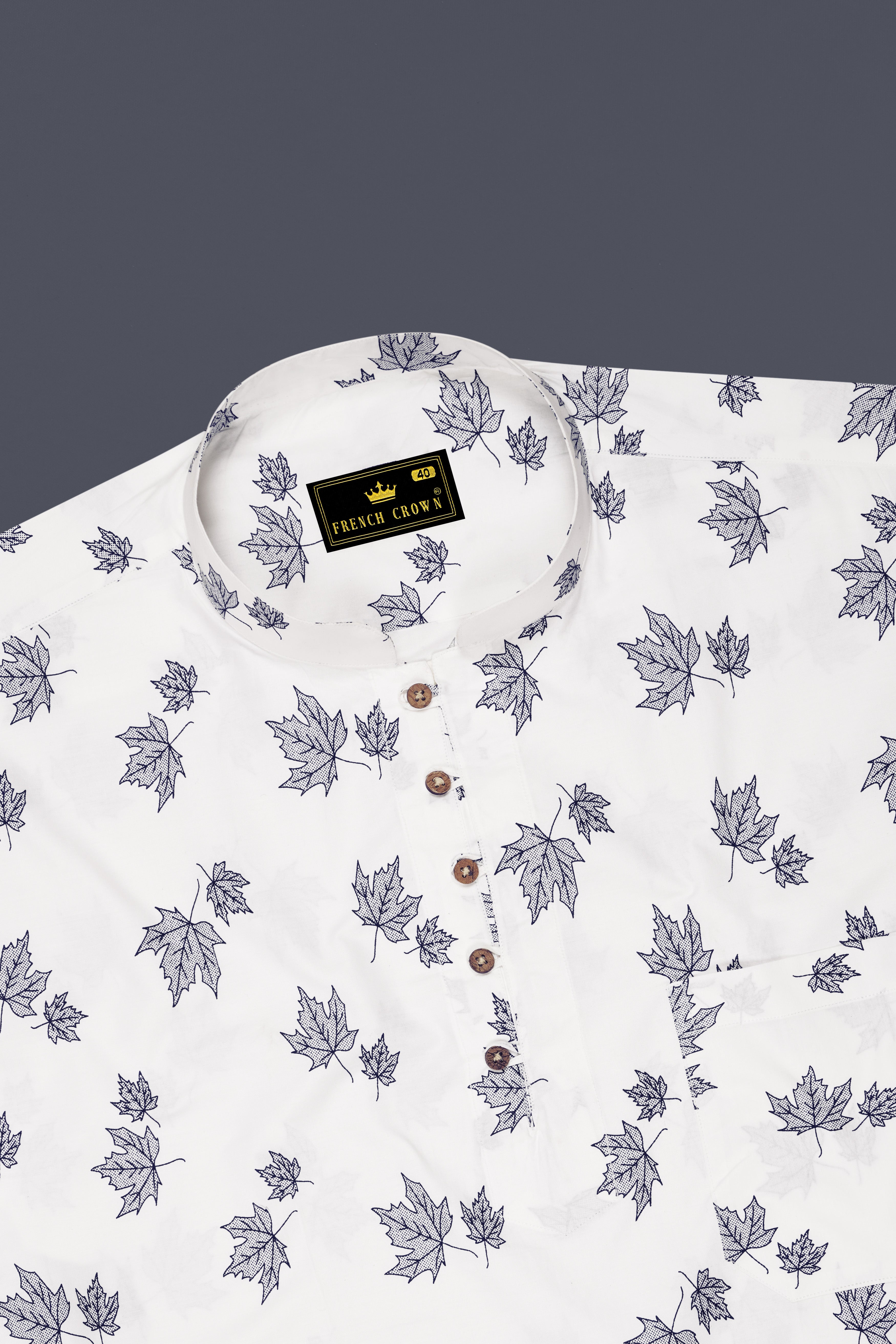 Bright White with Cruise Aqua Green Leaves Printed Premium Cotton Kurta Shirt