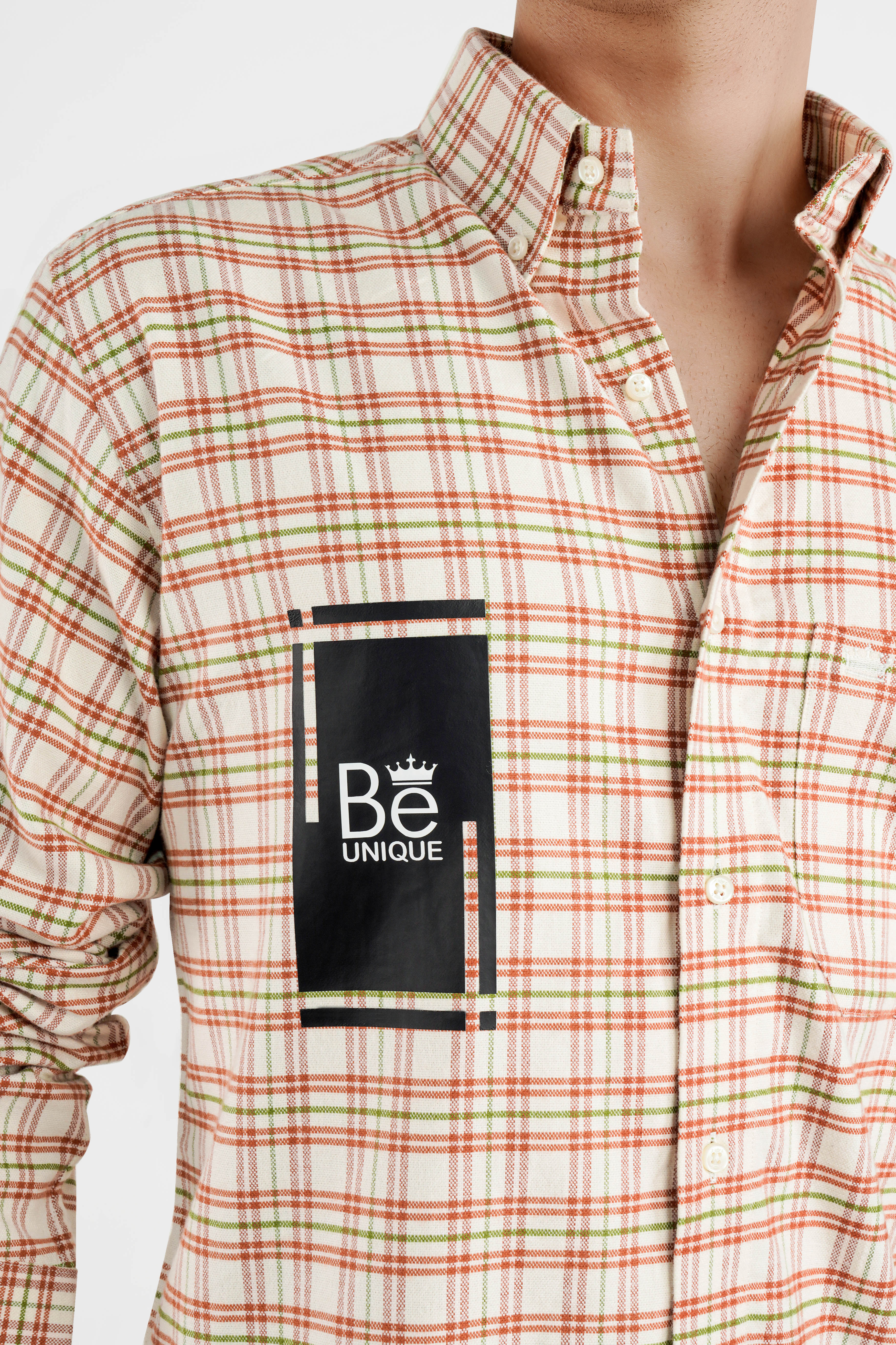 Bone Beige with Olivetone Green and Copper Brown Checkered with Funky Printed Royal Oxford Designer Shirt