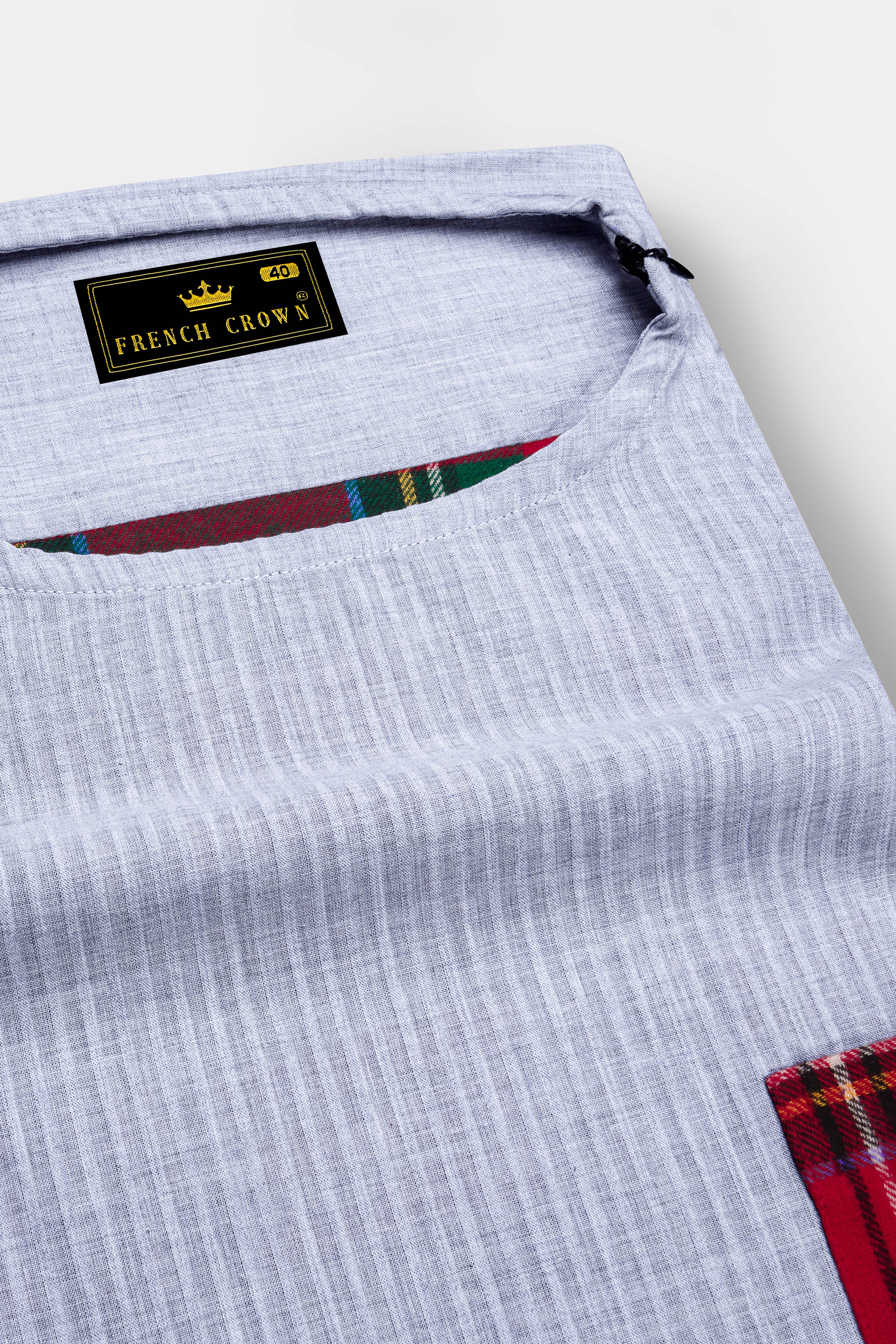 Geyser Gray with Scarlet Red Plaid Flannel Designer Bush Shirt