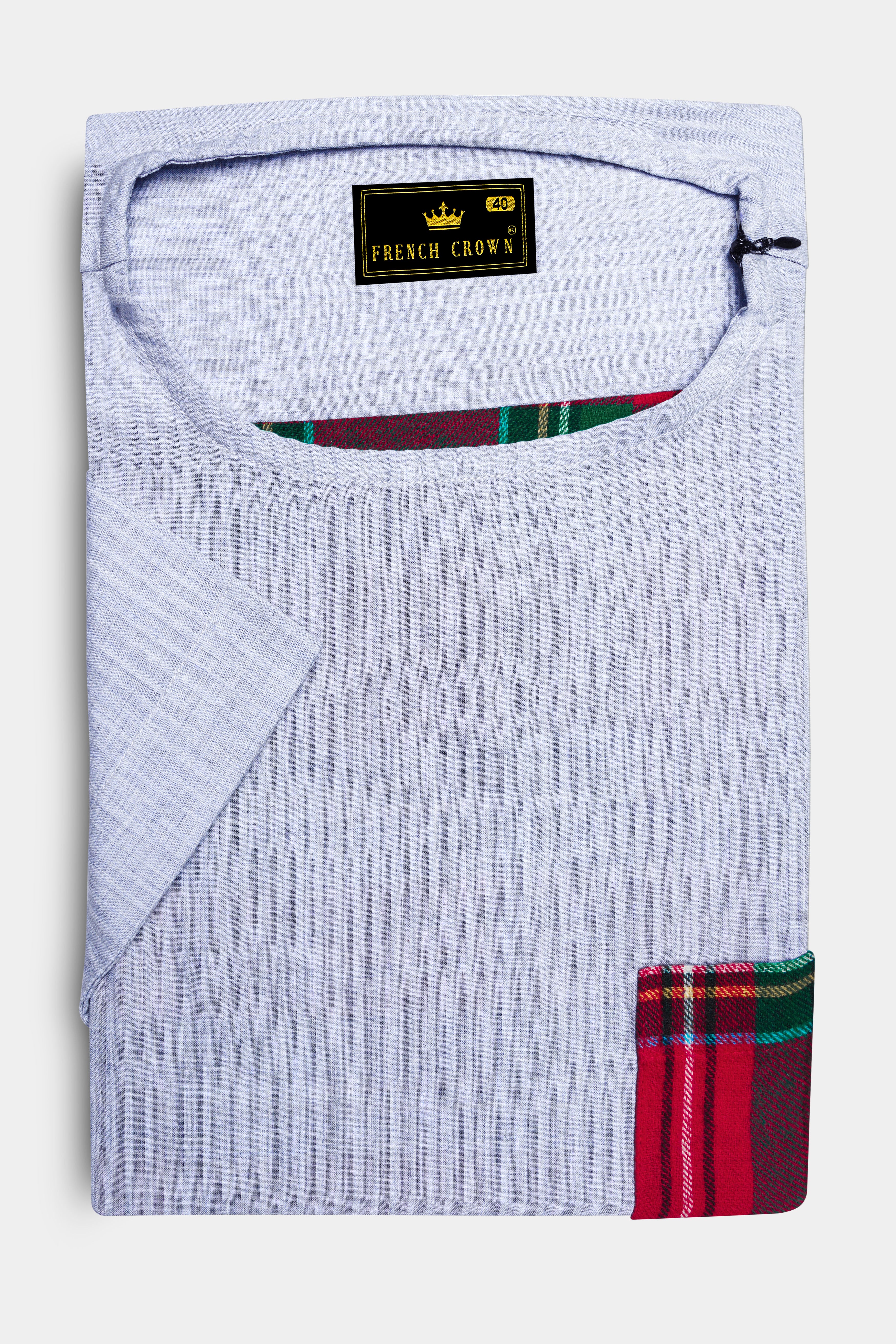 Geyser Gray with Scarlet Red Plaid Flannel Designer Bush Shirt