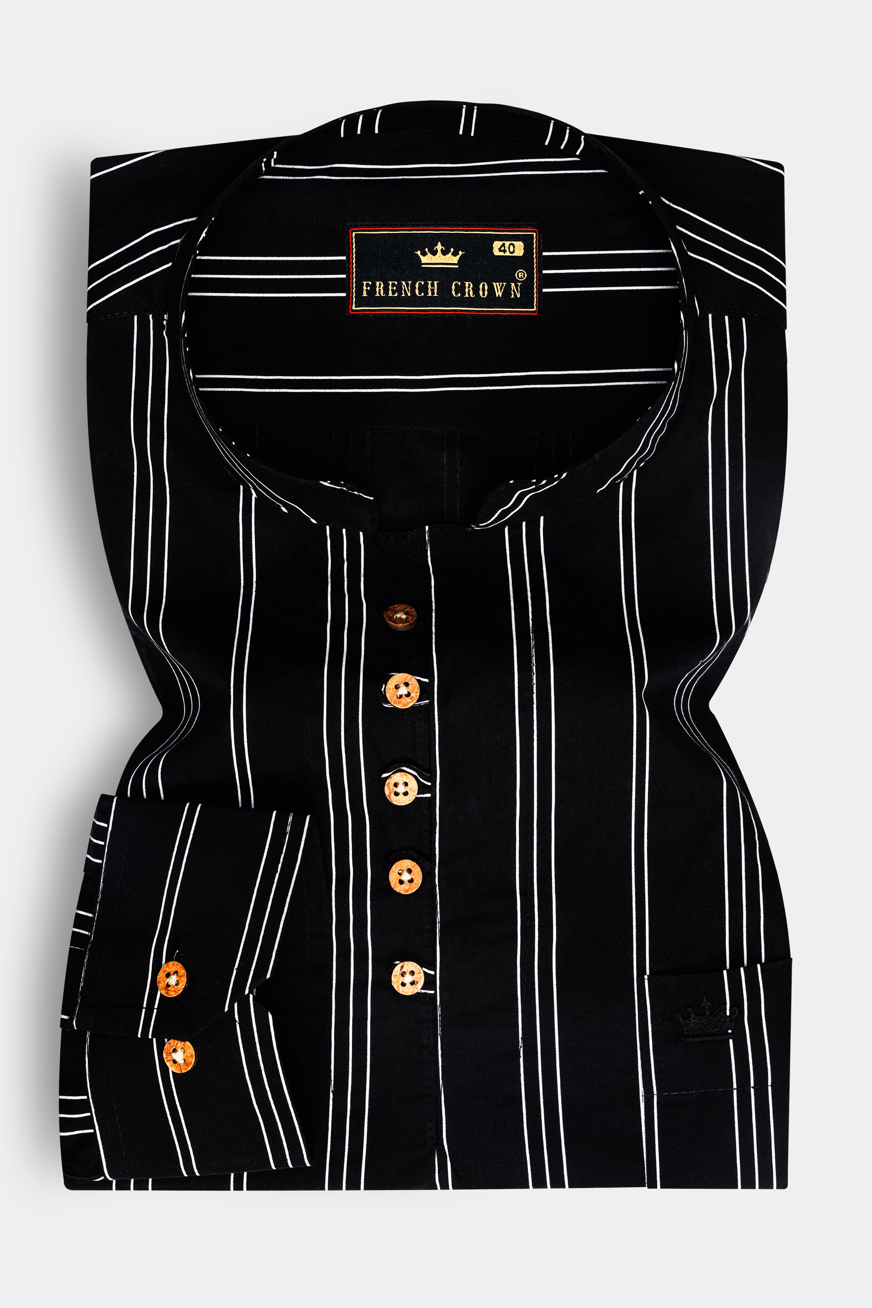 Jade Black with Bright White Striped Twill Premium Cotton Kurta Shirt