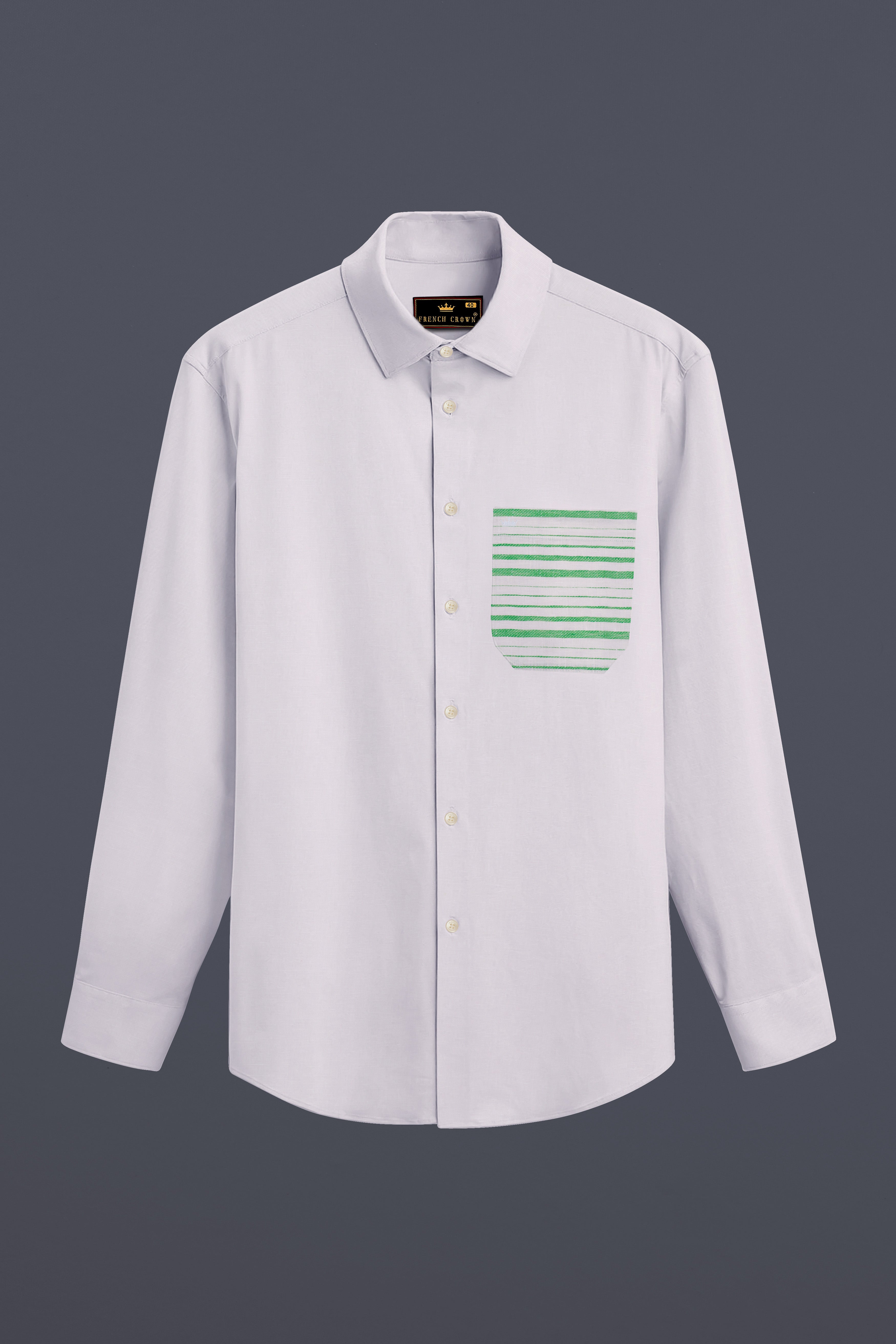 Bright White with Green Patch Pocket Luxurious Linen Designer Shirt