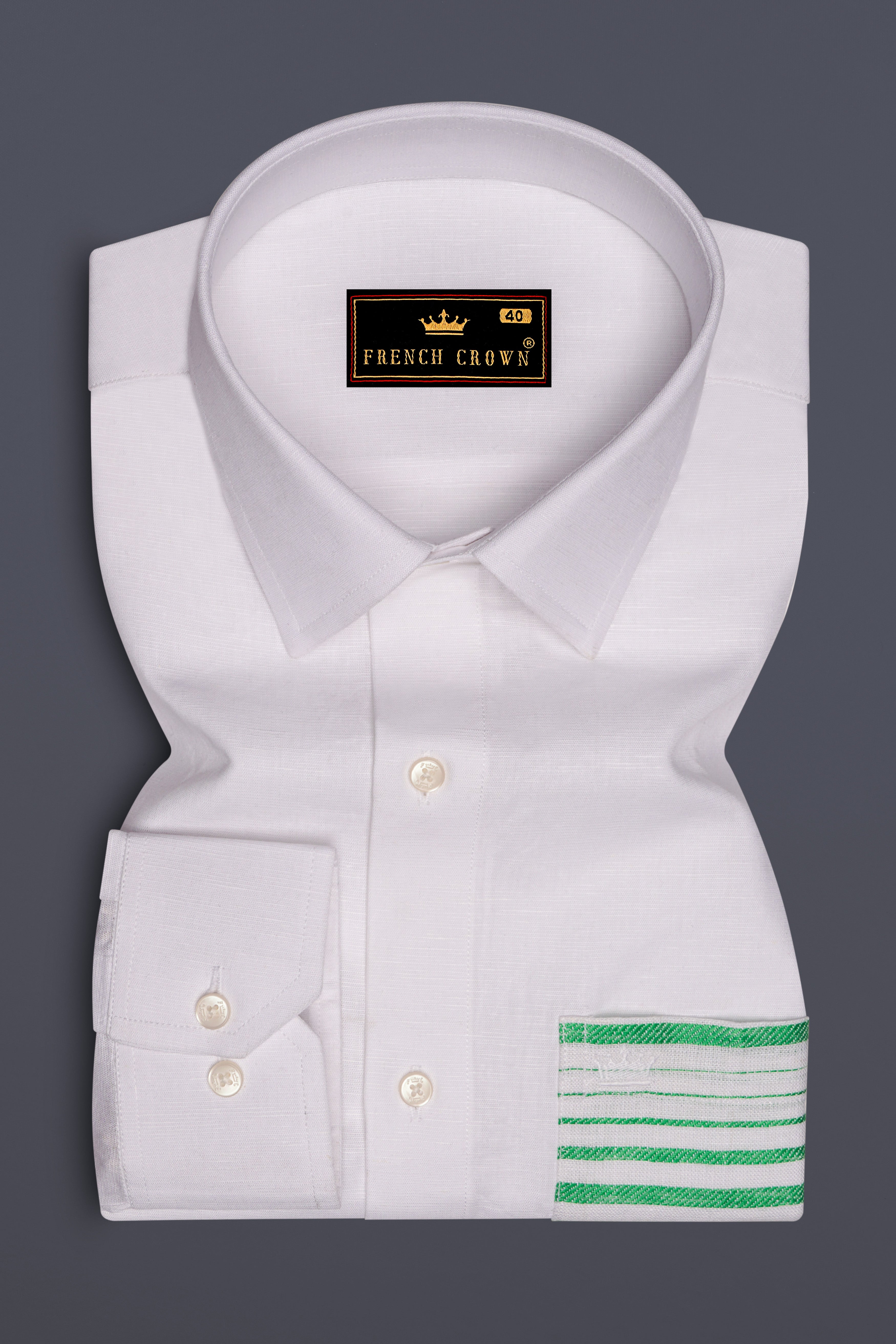 Bright White with Green Patch Pocket Luxurious Linen Designer Shirt
