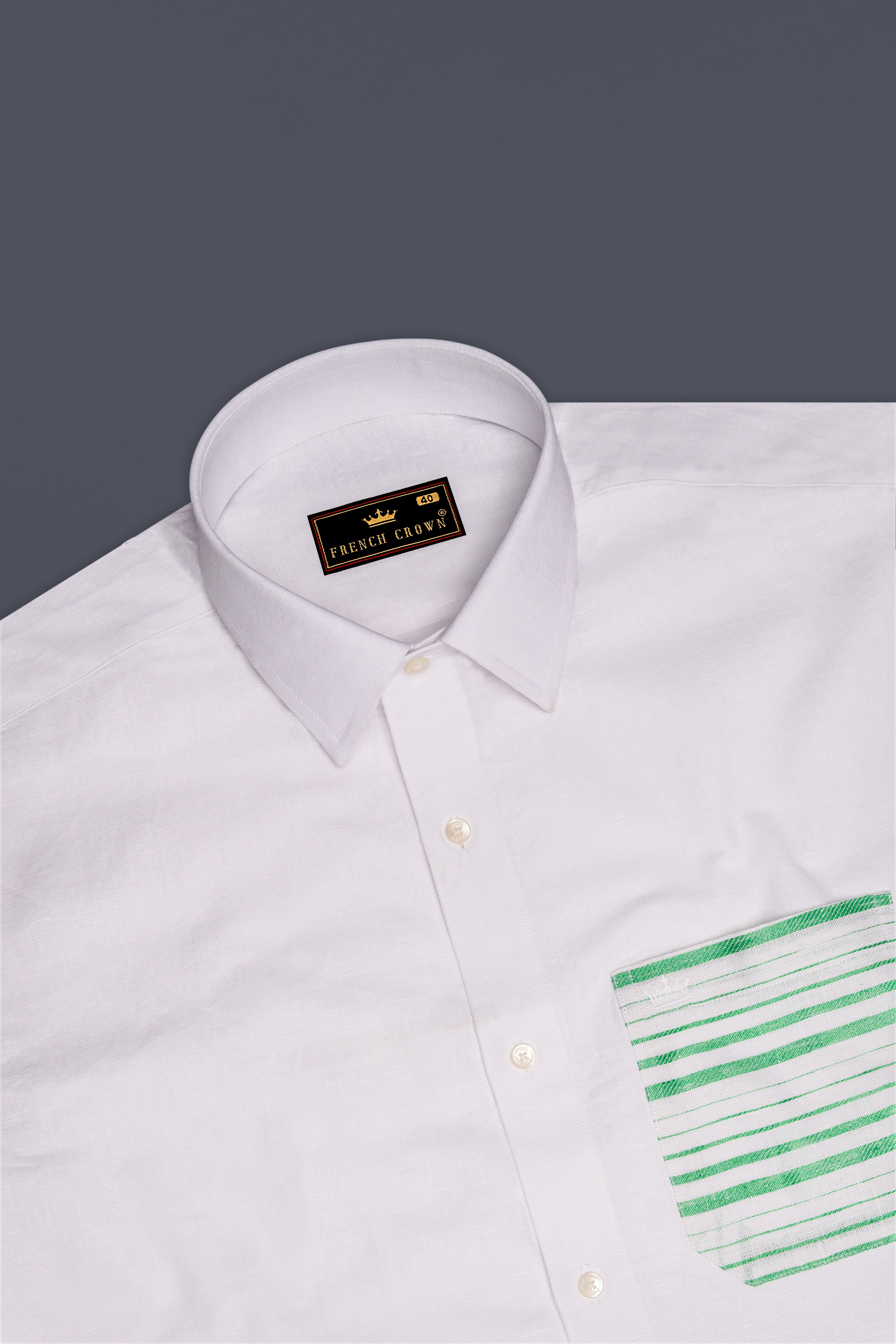 Bright White with Green Patch Pocket Luxurious Linen Designer Shirt