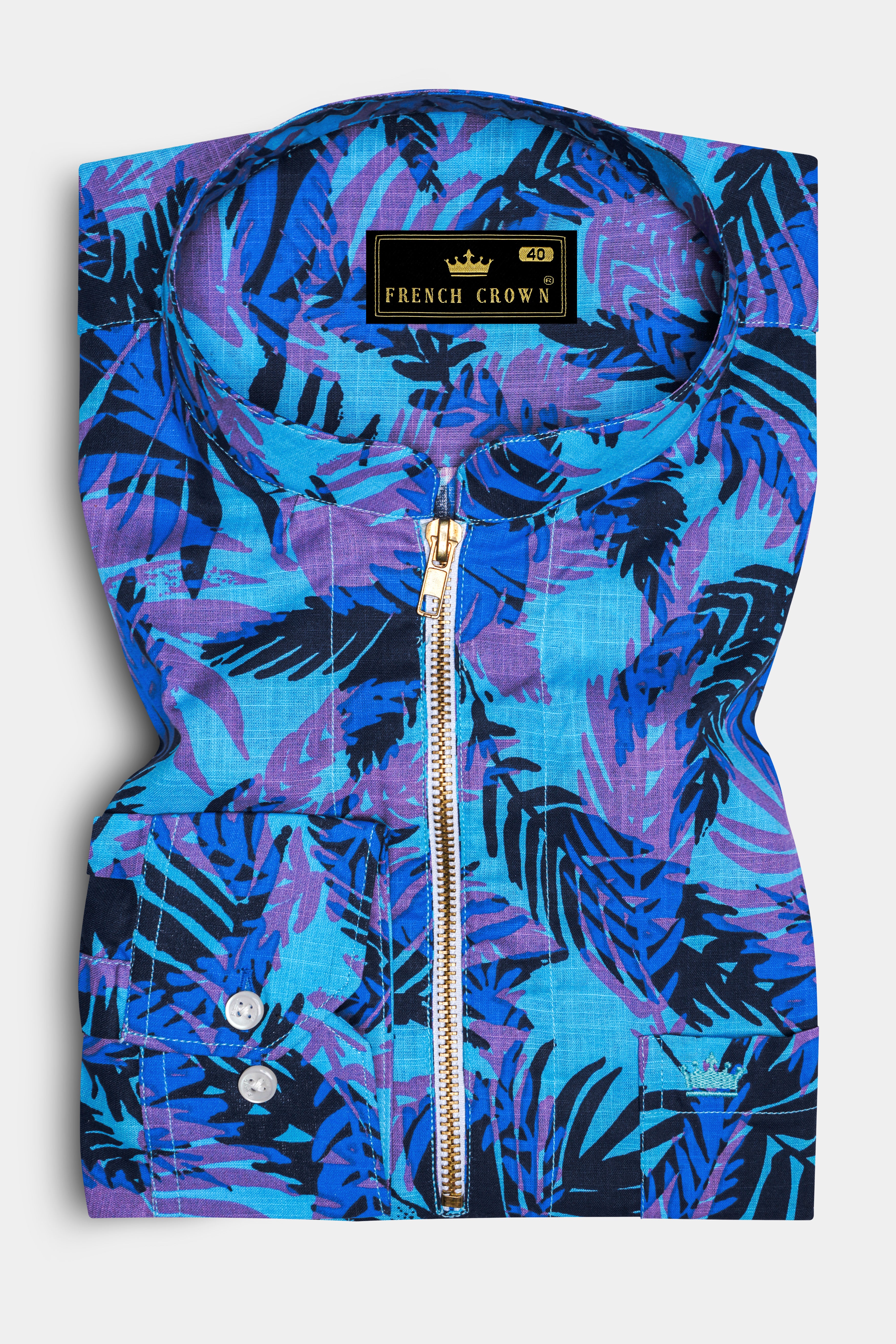 Mariner Blue with Malbu Sky Blue Leaves Printed Chambray Shirt with Zipper Closure