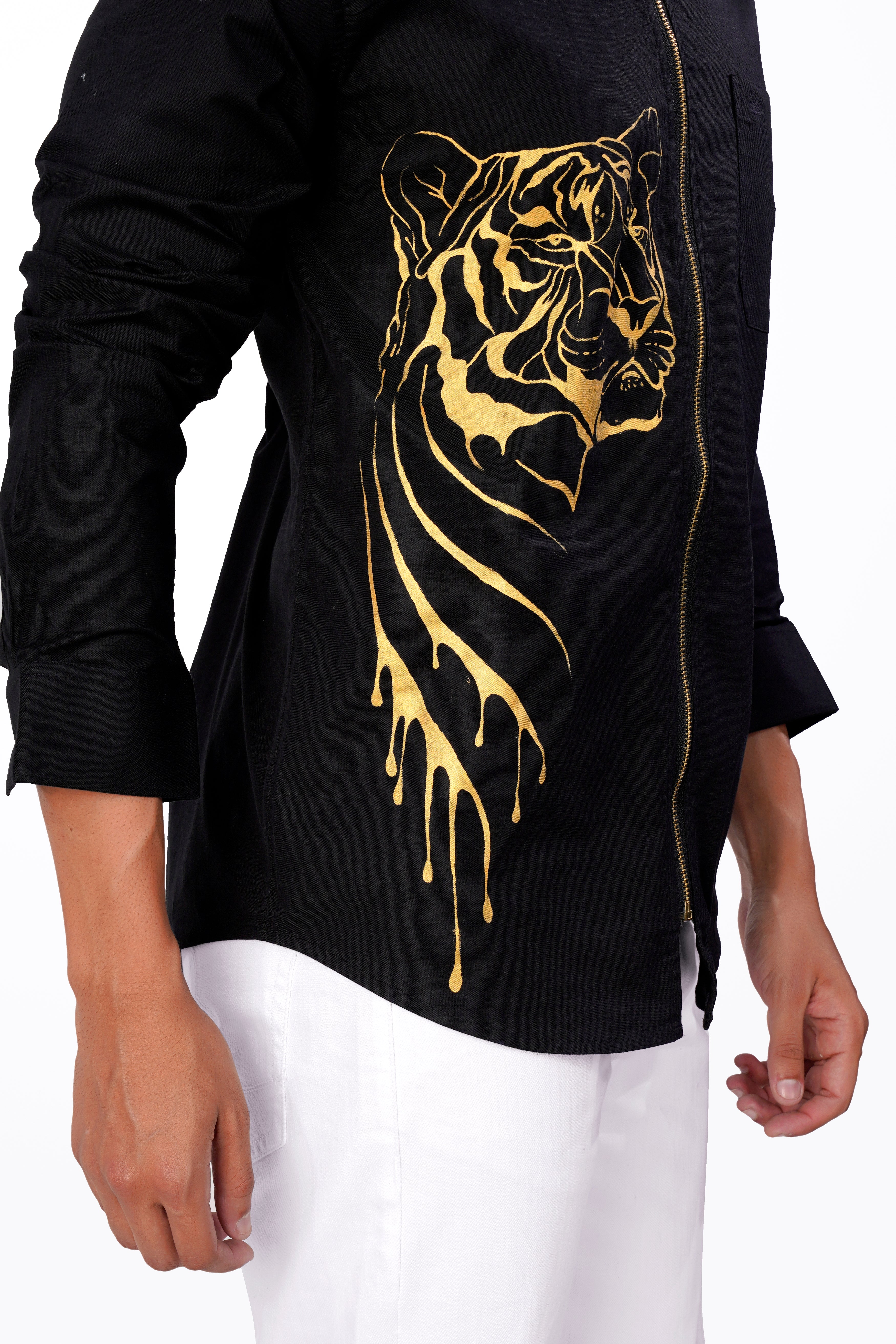 Jade Black with Golden Tiger Hand Painted Royal Oxford Designer Overshirt with Zipper Closure 8516-ZP-P75-ART-38, 8516-ZP-P75-ART-H-38, 8516-ZP-P75-ART-39, 8516-ZP-P75-ART-H-39, 8516-ZP-P75-ART-40, 8516-ZP-P75-ART-H-40, 8516-ZP-P75-ART-42, 8516-ZP-P75-ART-H-42, 8516-ZP-P75-ART-44, 8516-ZP-P75-ART-H-44, 8516-ZP-P75-ART-46, 8516-ZP-P75-ART-H-46, 8516-ZP-P75-ART-48, 8516-ZP-P75-ART-H-48, 8516-ZP-P75-ART-50, 8516-ZP-P75-ART-H-50, 8516-ZP-P75-ART-52, 8516-ZP-P75-ART-H-52