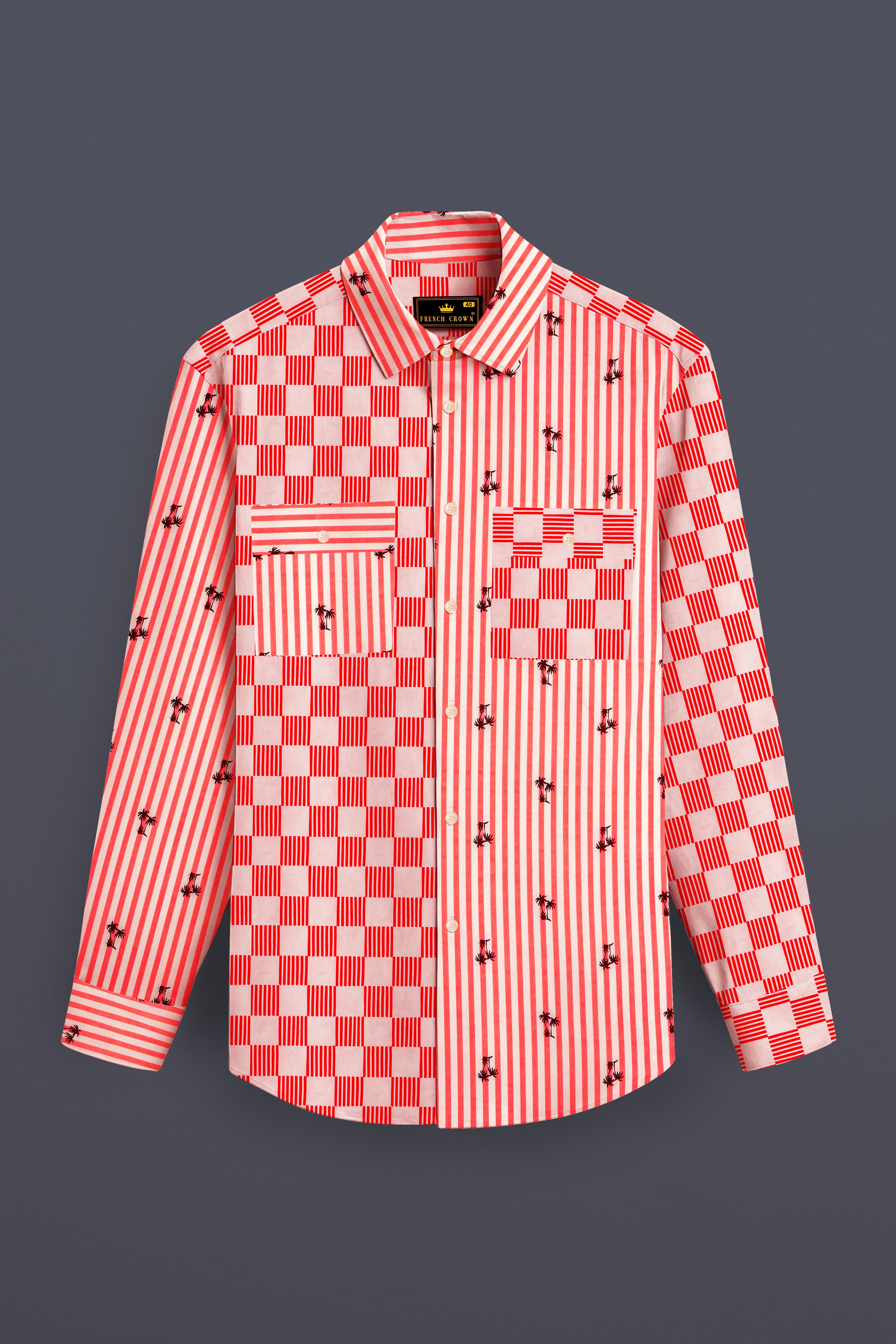 Orange with White Checked and Striped Premium Cotton Designer Shirt