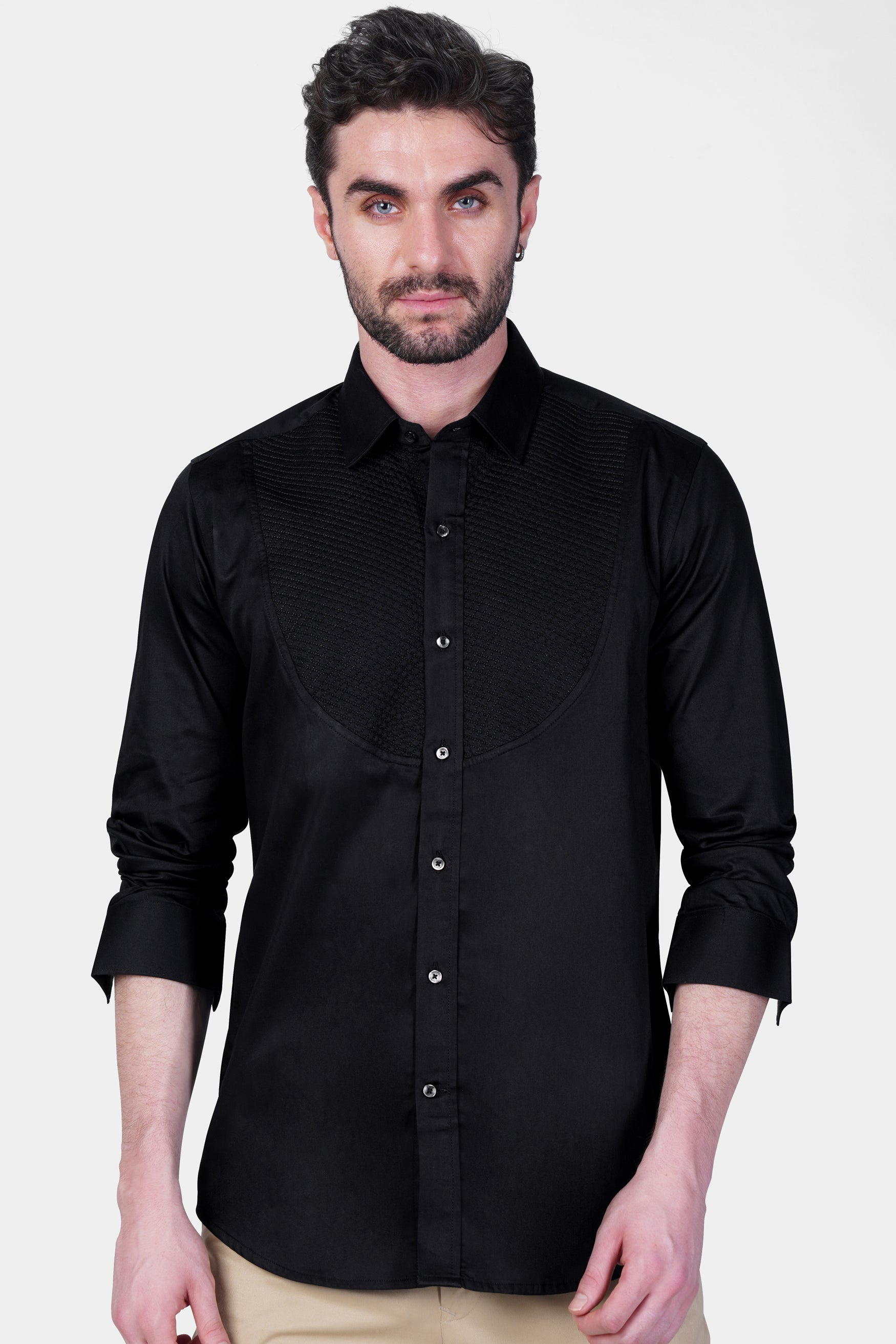 Jade Black Super Soft Premium Cotton Embroidered Designer Tuxedo Shirt