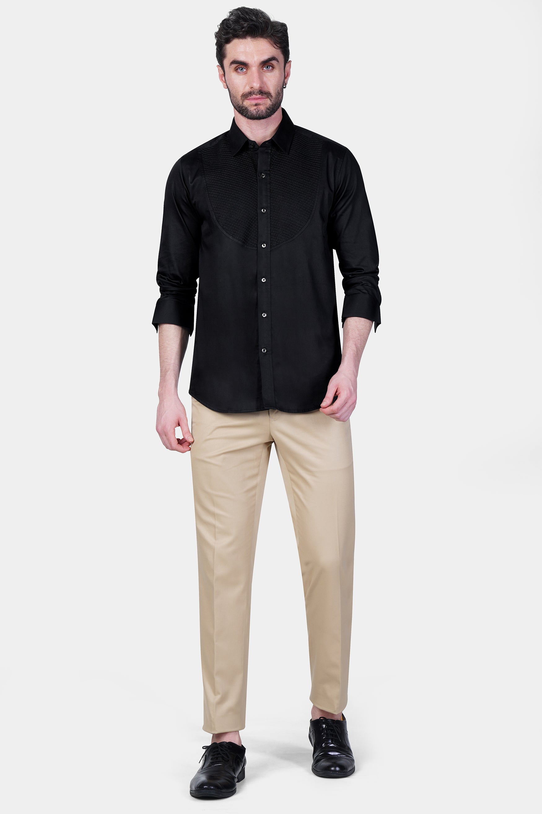 Jade Black Super Soft Premium Cotton Embroidered Designer Tuxedo Shirt