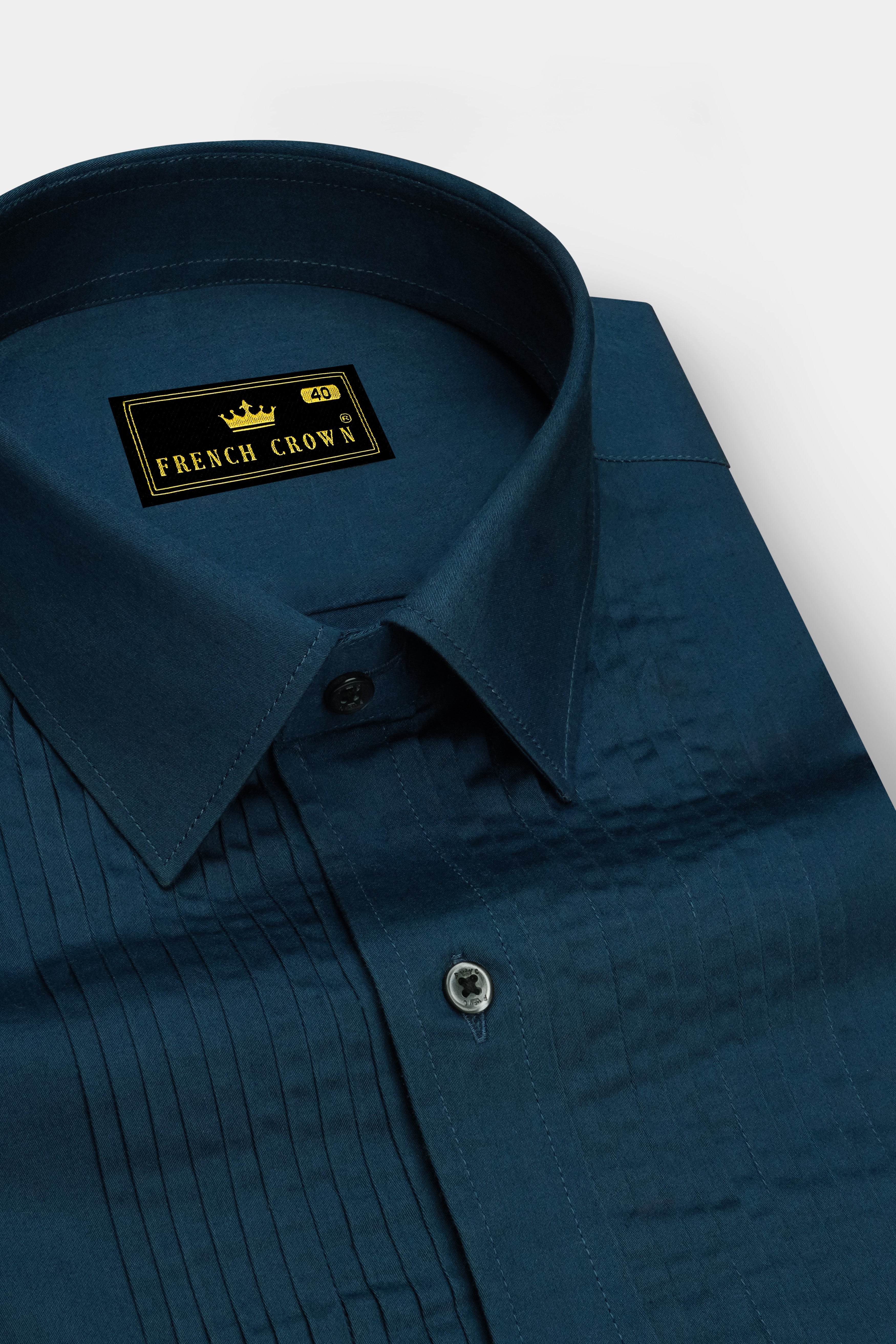 Nile Blue Subtle Sheen Snake Pleated Super Soft Premium Cotton Tuxedo Shirt