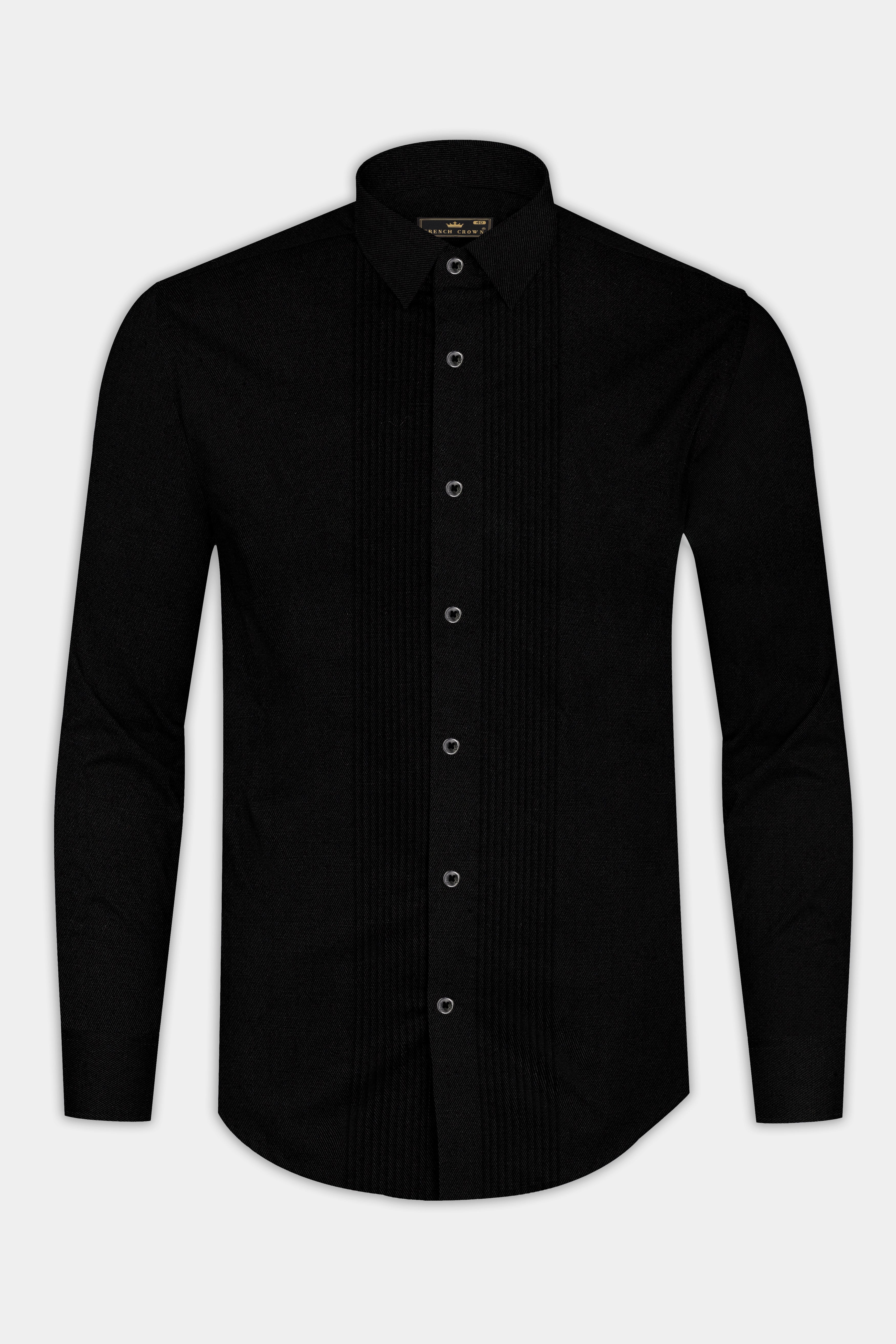 Jade Black Subtle Sheen Snake Pleated Super Soft Premium Cotton Tuxedo Shirt