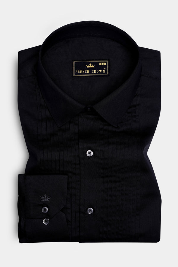 Jade Black Subtle Sheen Snake Pleated Super Soft Premium Cotton Tuxedo Shirt